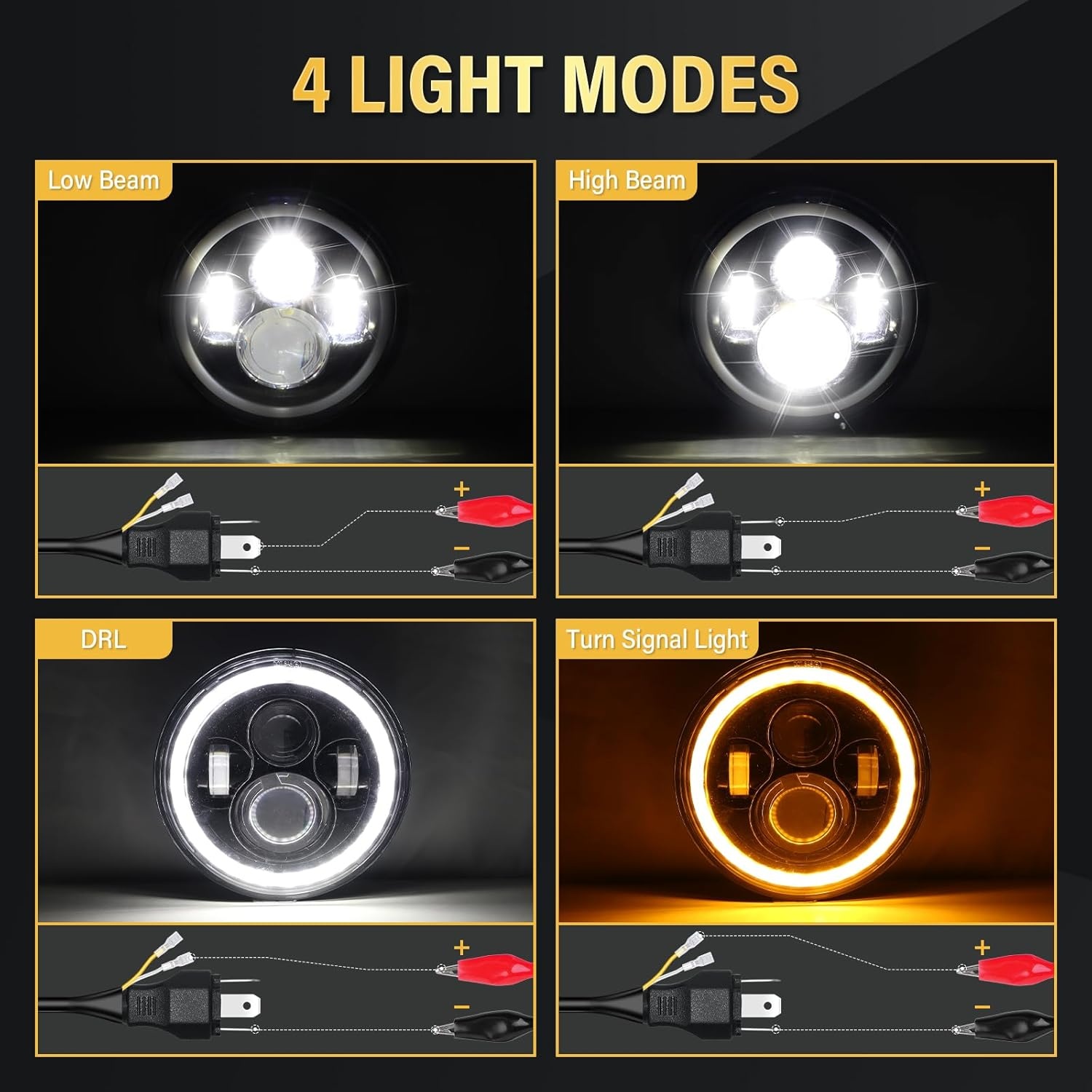 1PCS 7 Inch Ronde LED Koplamp, 4 LED Motorfiets Koplamp Wit DRL Hoog/Dimlicht Amber Halo Richtingaanwijzer Hoek Ogen Licht voor Wrangler JK TJ LJ CJ Motorfiets Davidson met Montagebeugels - Maat 1 Pcs 7 inch koplamp + beugels