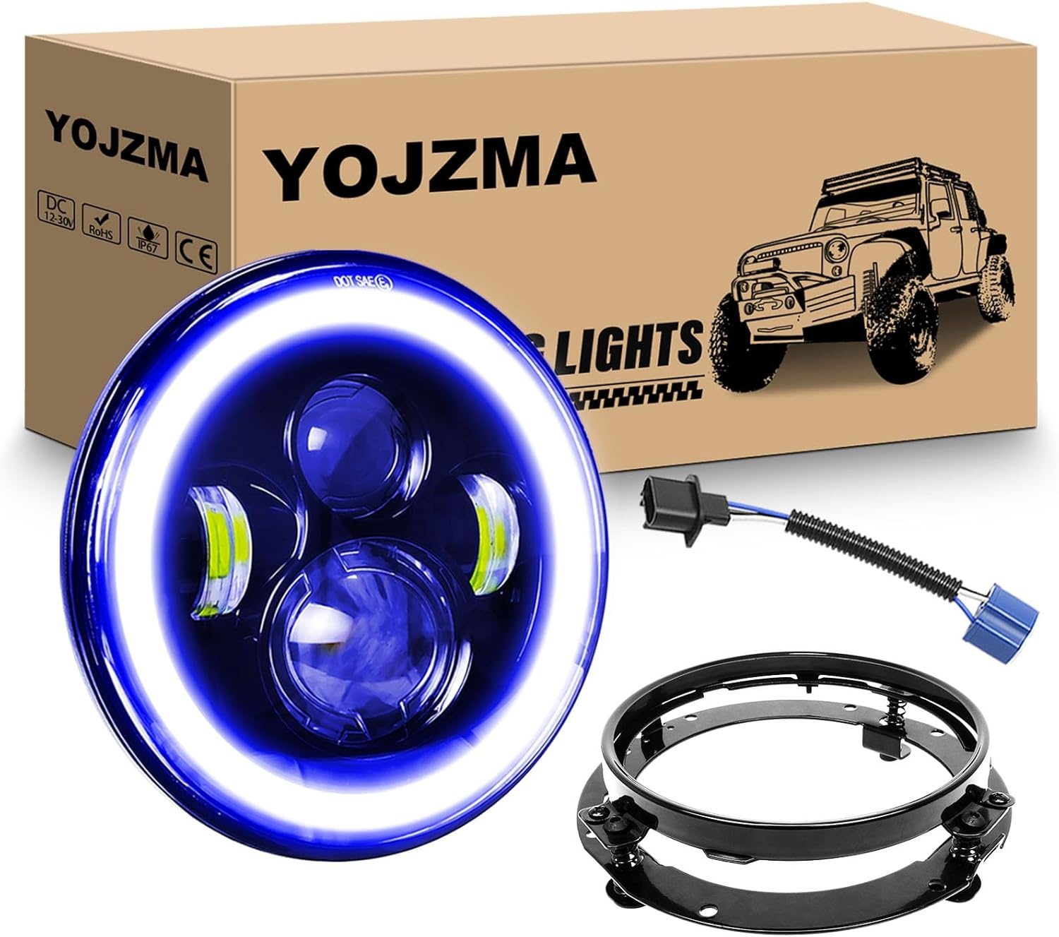 1PCS 7 Inch Ronde LED Koplamp, 4 LED Motorfiets Koplamp Wit DRL Hoog/Dimlicht Amber Halo Richtingaanwijzer Hoek Ogen Licht voor Wrangler JK TJ LJ CJ Motorfiets Davidson met Montagebeugels - Maat 1 Pcs 7 inch koplamp + beugels