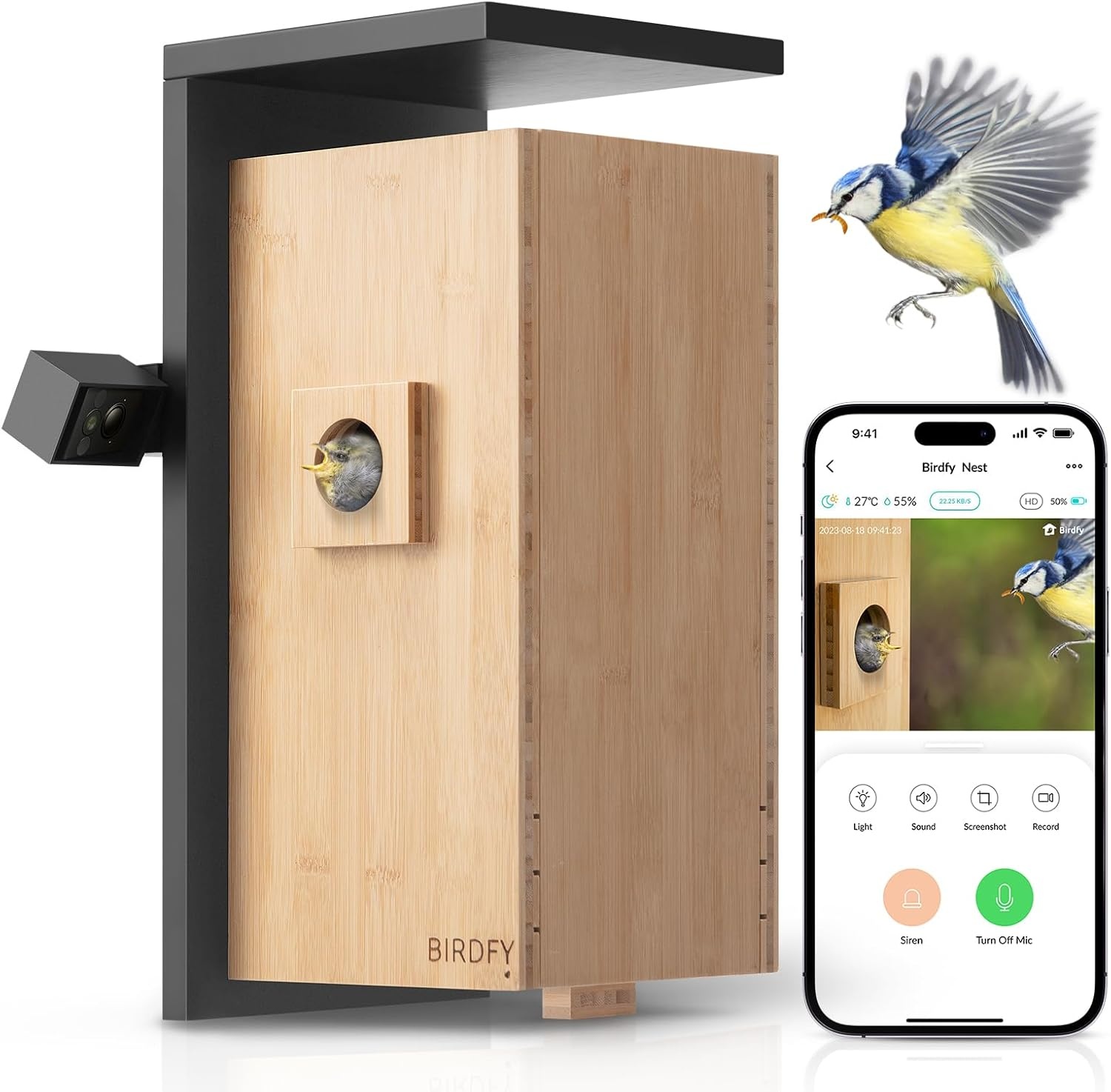 Birdfy Slim Vogelhuisje met dubbele Camera & App voor Live Vogelobservatie, 1080P Bamboe Nestkast met Camera, Nachtzicht, AI-Gedragsanalyse met Meldingen & Automatische Opname
