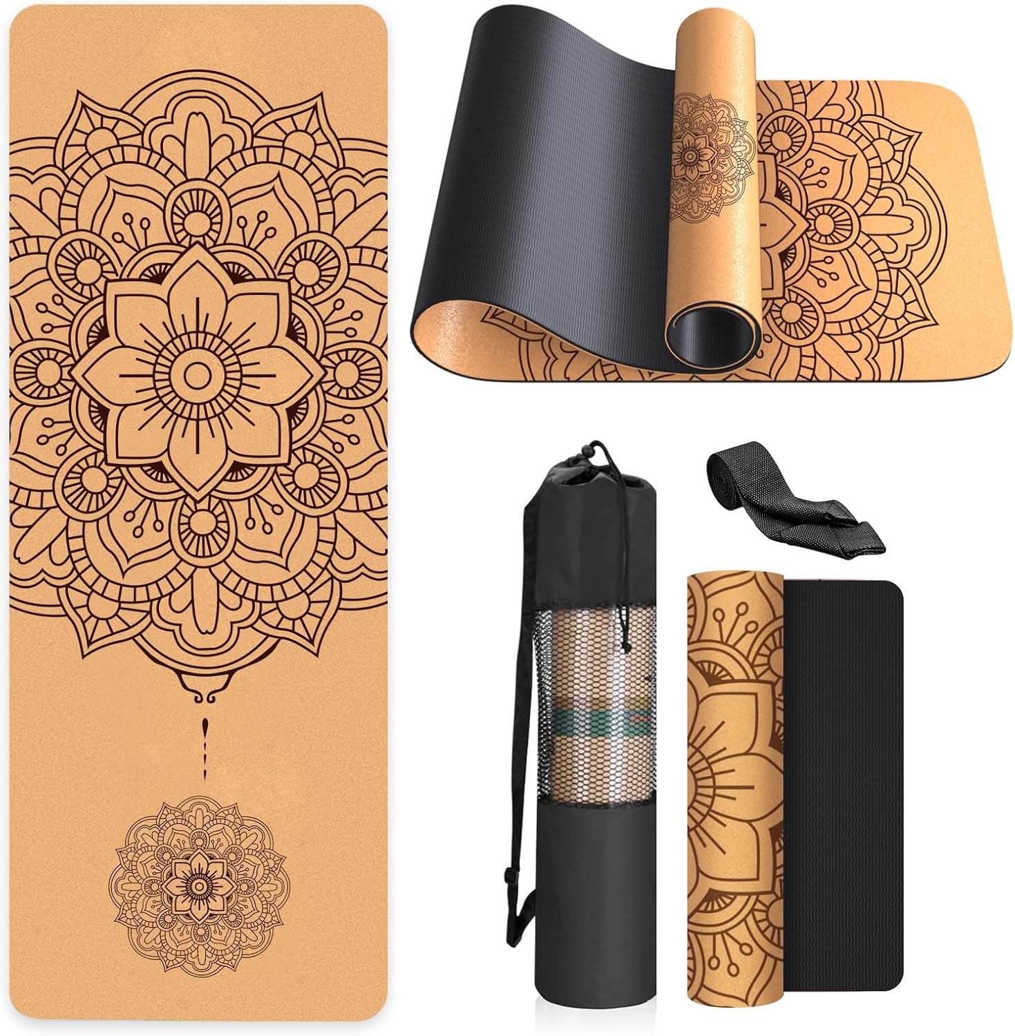 Kurk Yogamat Antislip Uniek Ontwerp Natuurlijke Kurk Tpe Materiaal Fitness Oefening Mat met Draagtas en Riem Voor Thuis, Pilates, Aerobic, Gym & Workout 72 X 24
