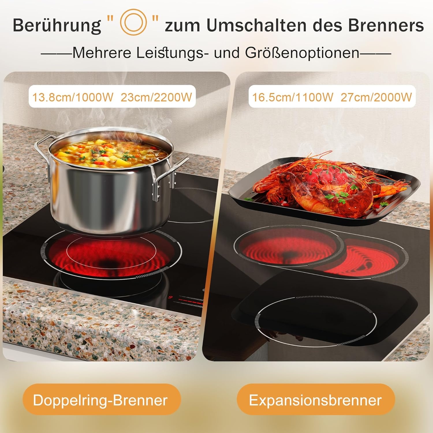 Keramische kookplaat 77cm 6800W 4 platen, Keramische kookplaat met schuifregelaar, Inbouw elektrische kookplaat, Dubbele ringzone, 9 warmtestanden, Veiligheidsslot, Timer