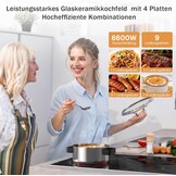 Keramische kookplaat 77cm 6800W 4 platen, Keramische kookplaat met schuifregelaar, Inbouw elektrische kookplaat, Dubbele ringzone, 9 warmtestanden, Veiligheidsslot, Timer
