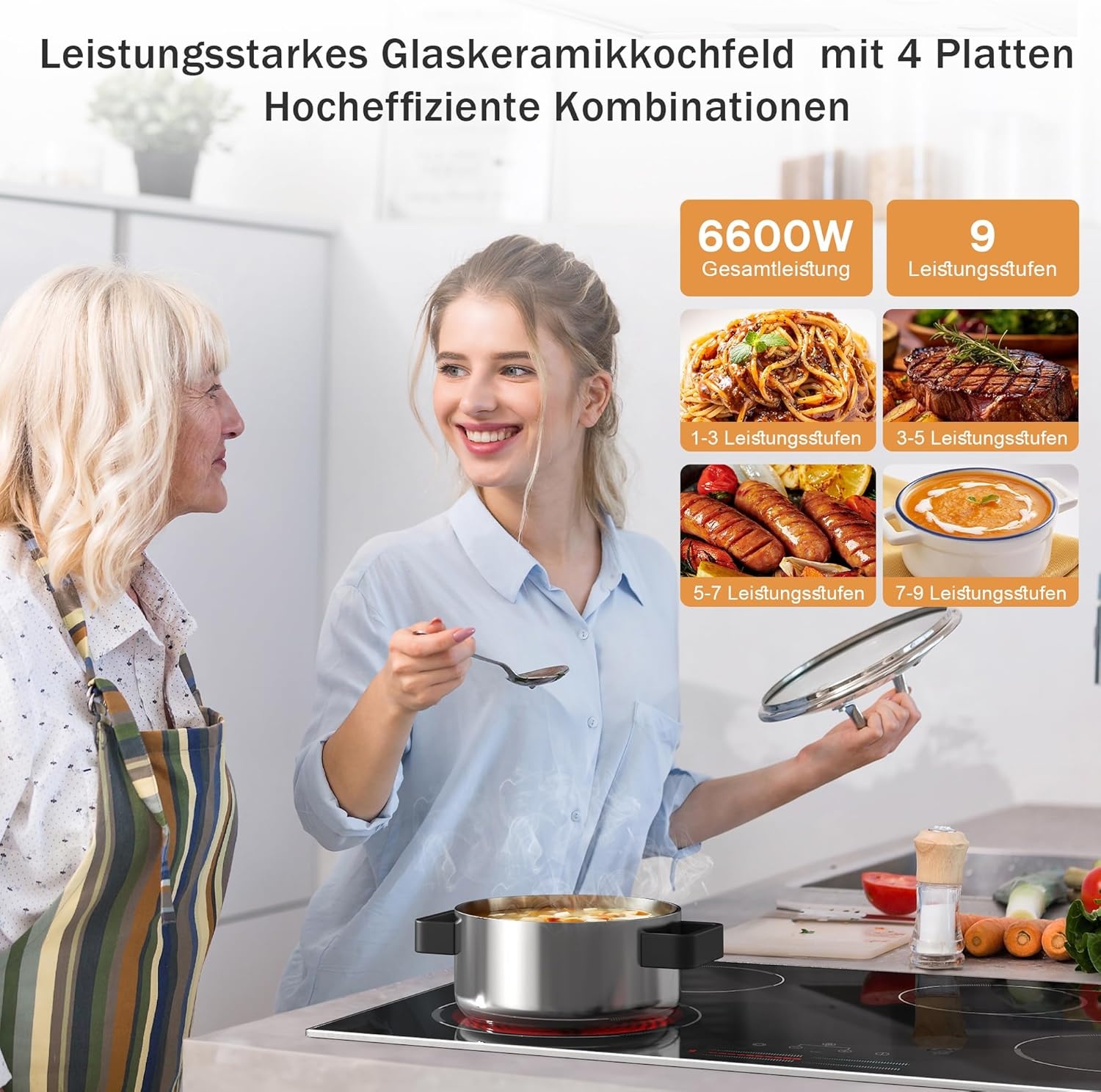 Keramische kookplaat 77cm 6800W 4 platen, Keramische kookplaat met schuifregelaar, Inbouw elektrische kookplaat, Dubbele ringzone, 9 warmtestanden, Veiligheidsslot, Timer
