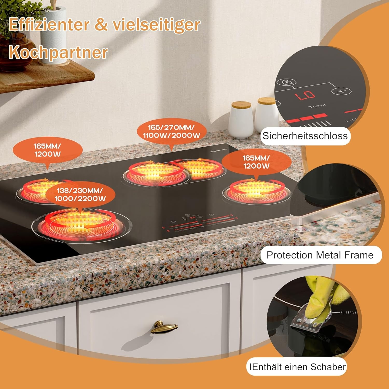 Keramische kookplaat 77cm 6800W 4 platen, Keramische kookplaat met schuifregelaar, Inbouw elektrische kookplaat, Dubbele ringzone, 9 warmtestanden, Veiligheidsslot, Timer