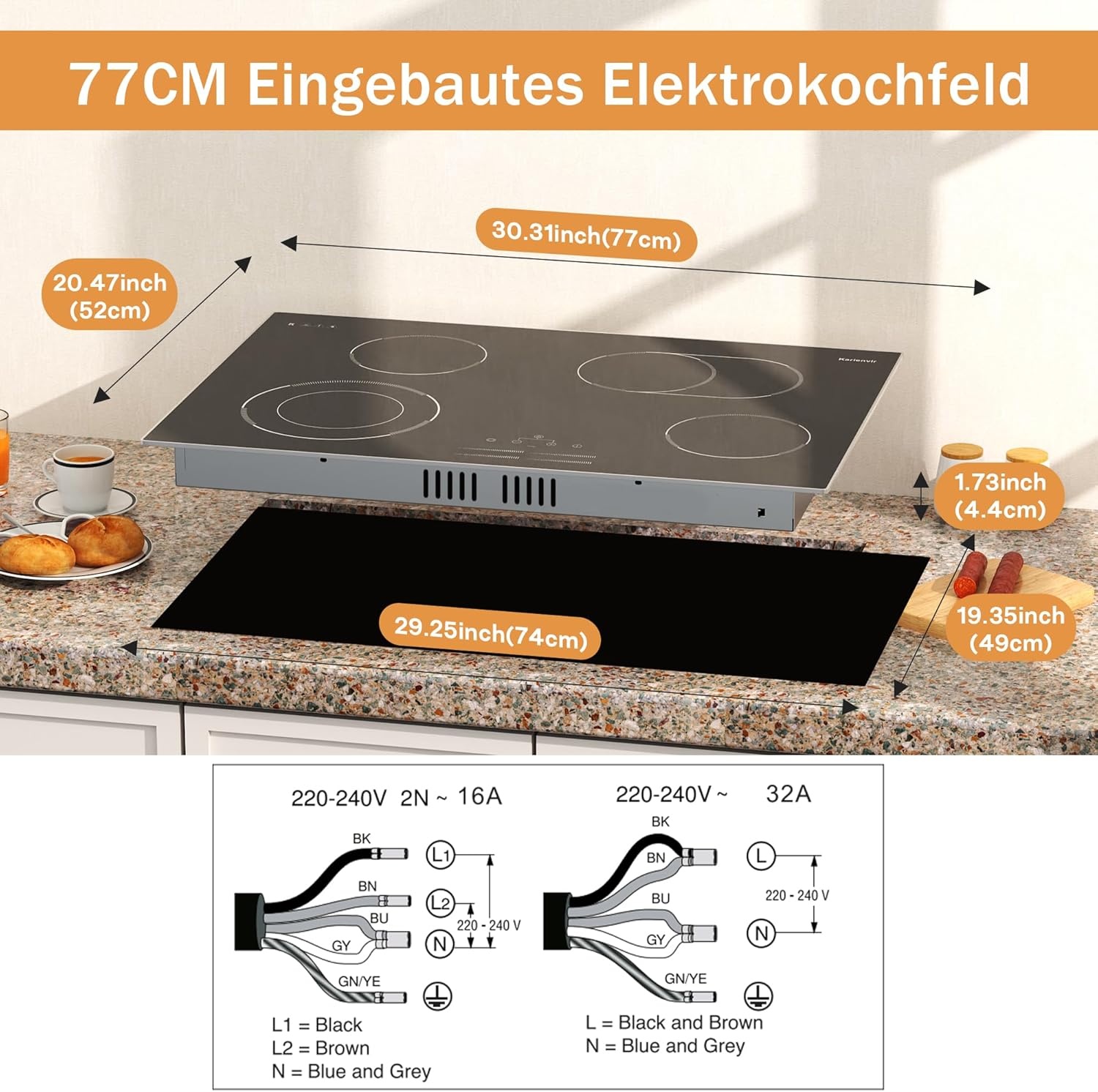 Keramische kookplaat 77cm 6800W 4 platen, Keramische kookplaat met schuifregelaar, Inbouw elektrische kookplaat, Dubbele ringzone, 9 warmtestanden, Veiligheidsslot, Timer
