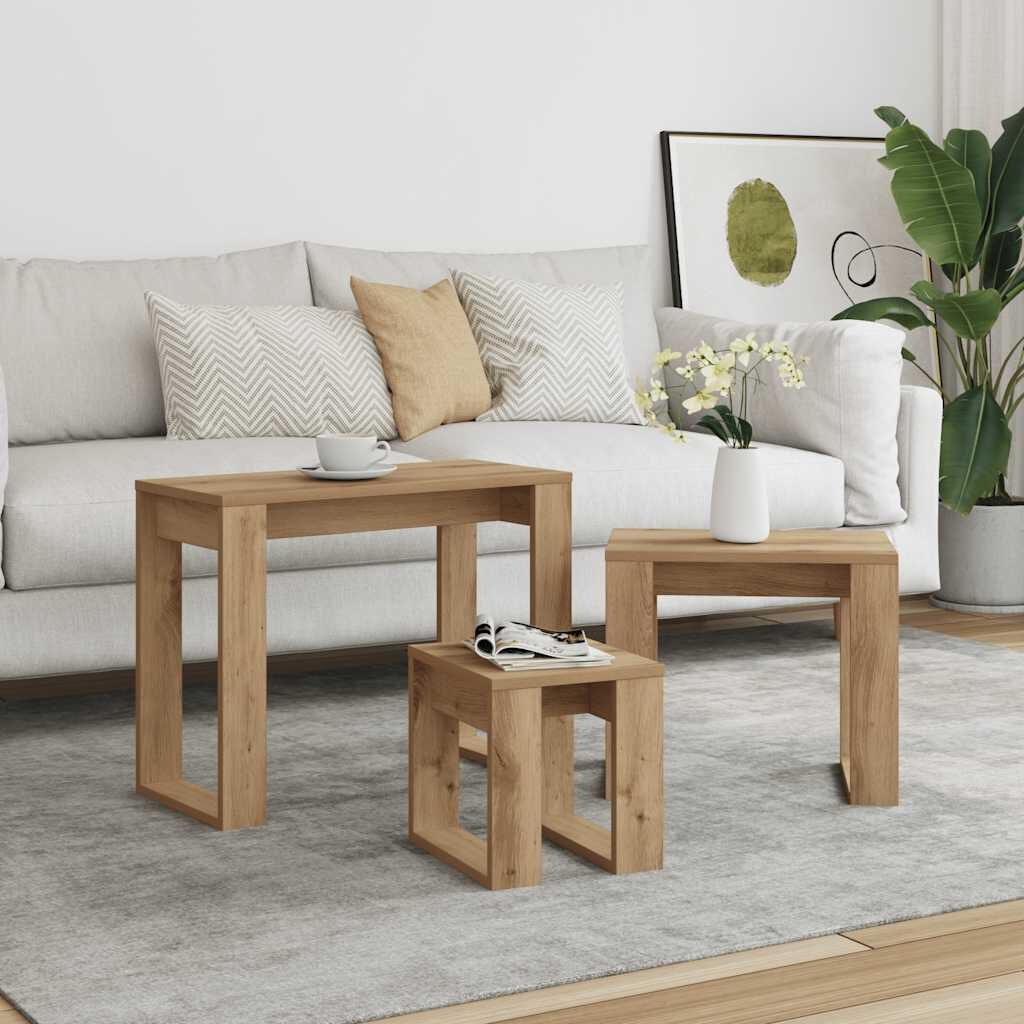 vidaXL 3-delige Bijzettafelset bewerkt hout artisanaal eikenkleur