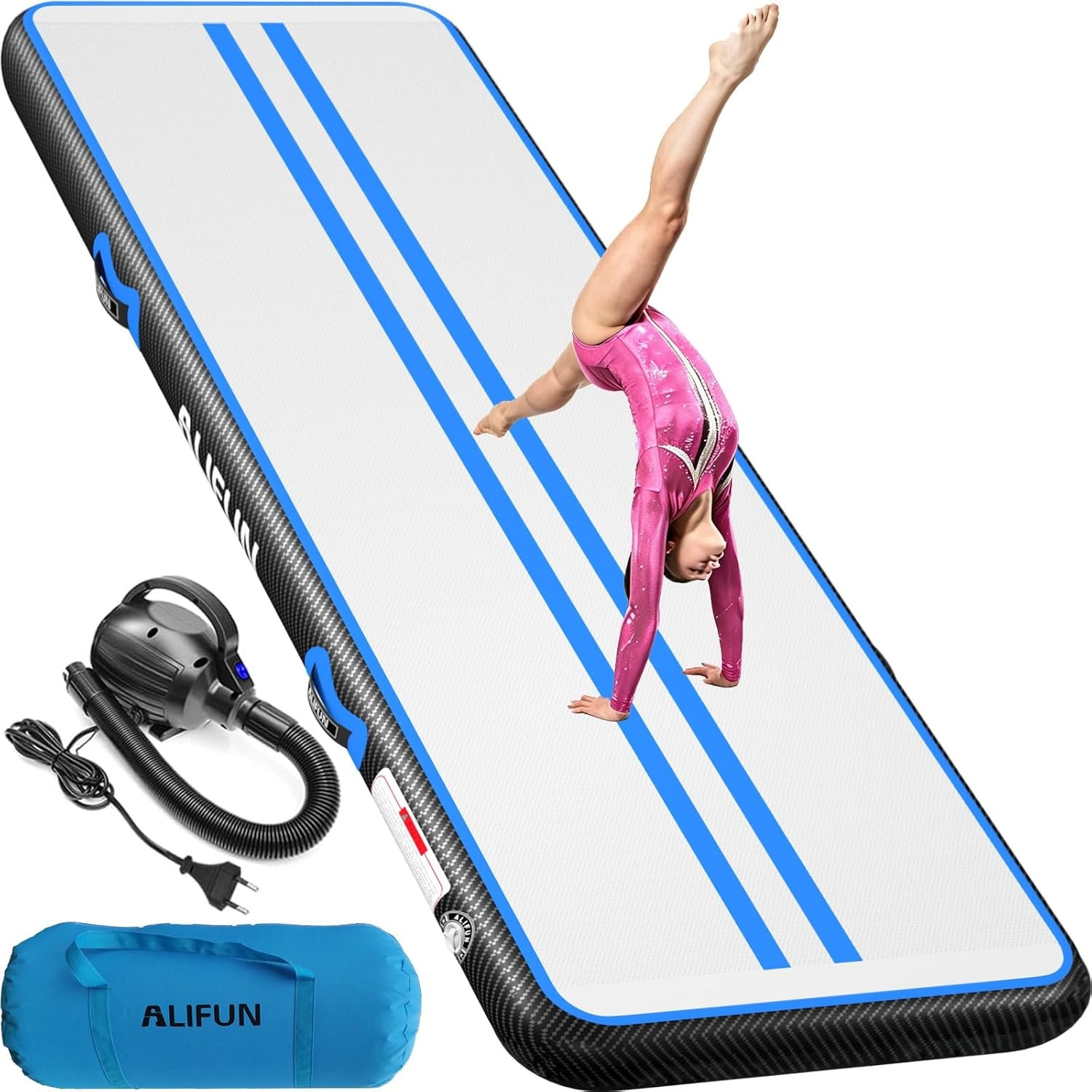 ALIFUN Opblaasbare Gymnastiekmat Air Tumbling Track 2m - 6m, 10/20cm dik, met Elektrische Luchtpomp - Zwart/Blauw