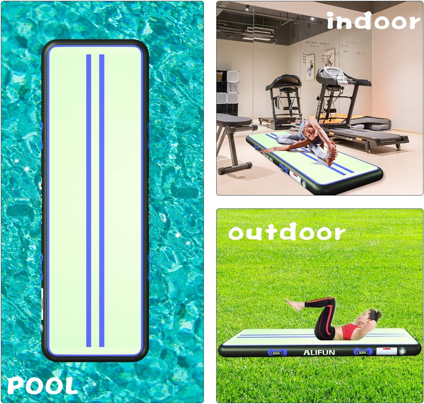 ALIFUN Opblaasbare Gymnastiekmat Air Tumbling Track 2m - 6m, 10/20cm dik, met Elektrische Luchtpomp - Zwart/Blauw