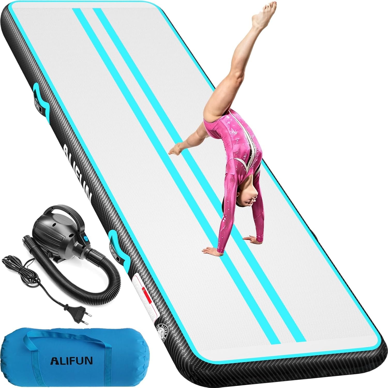 ALIFUN Opblaasbare Gymnastiekmat Air Tumbling Track 2m - 6m, 10/20cm dik, met Elektrische Luchtpomp - Zwart/Blauw