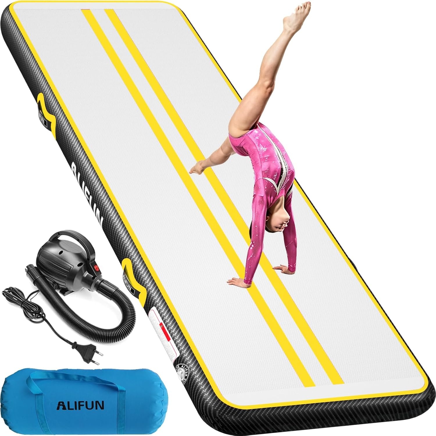ALIFUN Opblaasbare Gymnastiekmat Air Tumbling Track 2m - 6m, 10/20cm dik, met Elektrische Luchtpomp - Zwart/Blauw