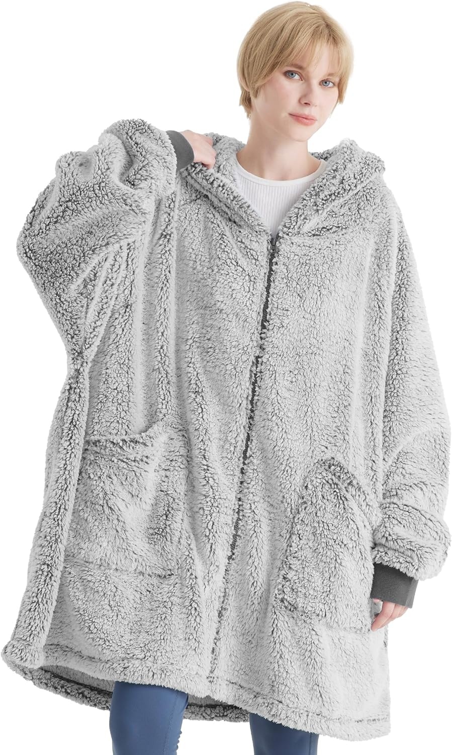 Bedsure Deken met mouwen voor volwassenen, sherpa, mouwdeken om aan te trekken, knuffeldeken met mouwen en capuchon, extra zacht sweatshirt, deken, volledige bodydeken als tv-deken, grijs