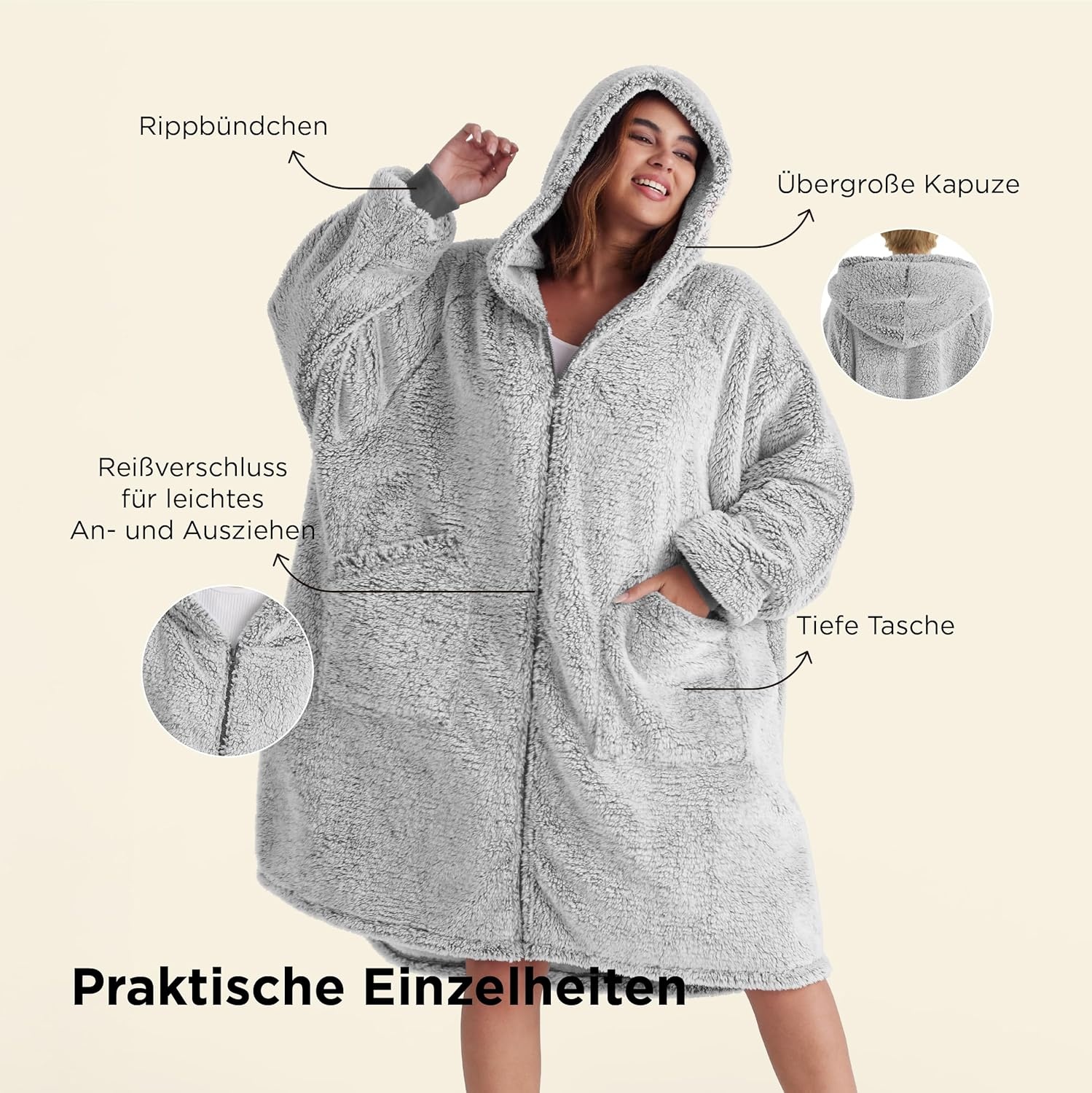 Bedsure Deken met mouwen voor volwassenen, sherpa, mouwdeken om aan te trekken, knuffeldeken met mouwen en capuchon, extra zacht sweatshirt, deken, volledige bodydeken als tv-deken, grijs