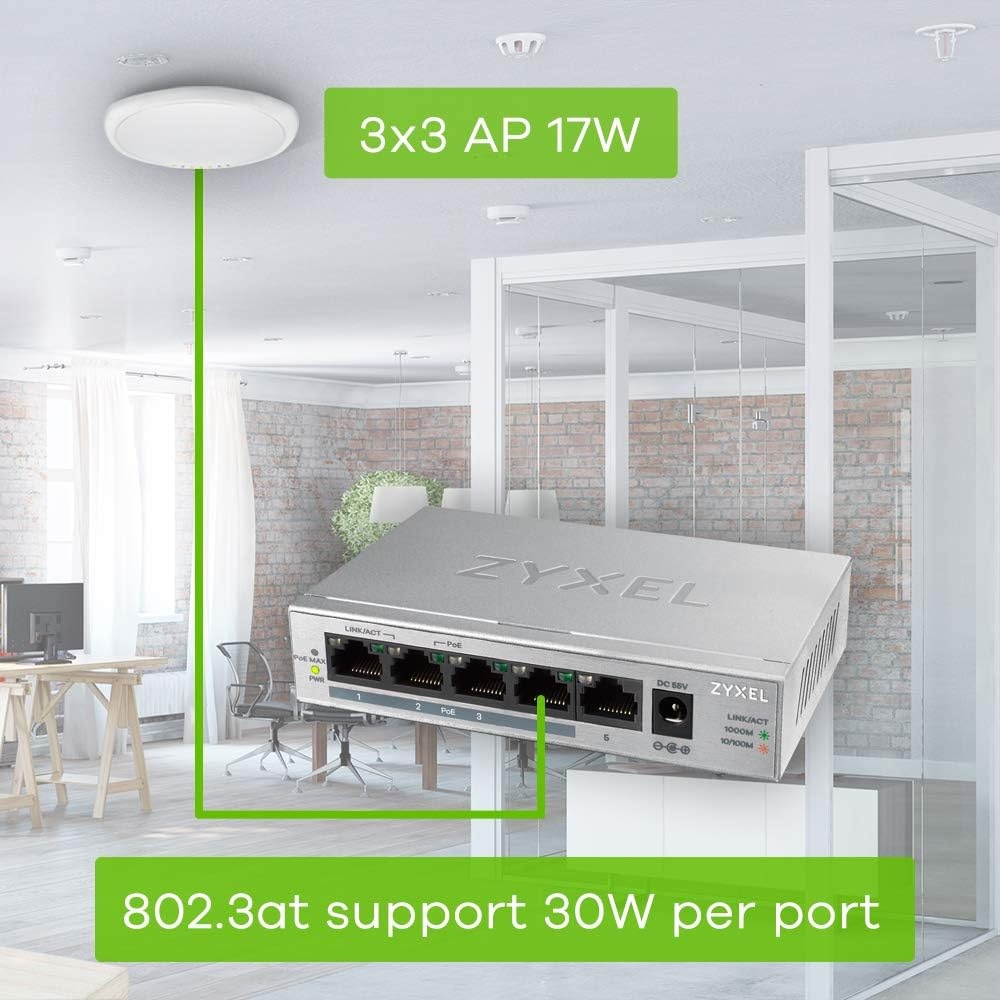 Zyxel 5-poorts Gigabit Unmanaged met 4 x PoE+, 60 Watt PoE budget, Levenslange garantie [GS1005HP]
