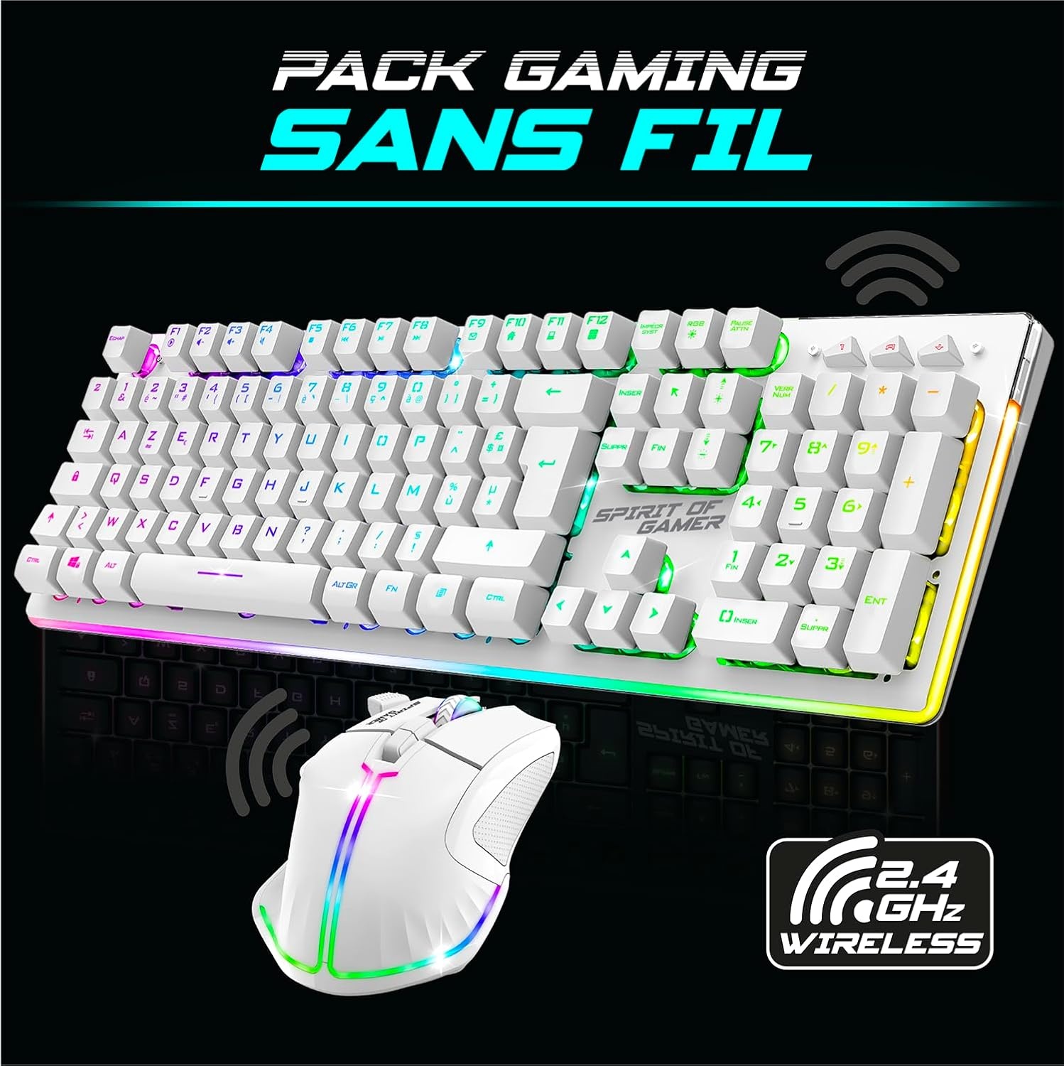 SPIRIT OF GAMER x MK600 | Set draadloze muis toetsenbord wit oplaadbaar RGB | Layout AZERTY Frans achtergrondverlichting | Gaming Keyboard Semi Mecanique | Draadloze muis 4800 DPI | PS4/PS5, PC, Xbox