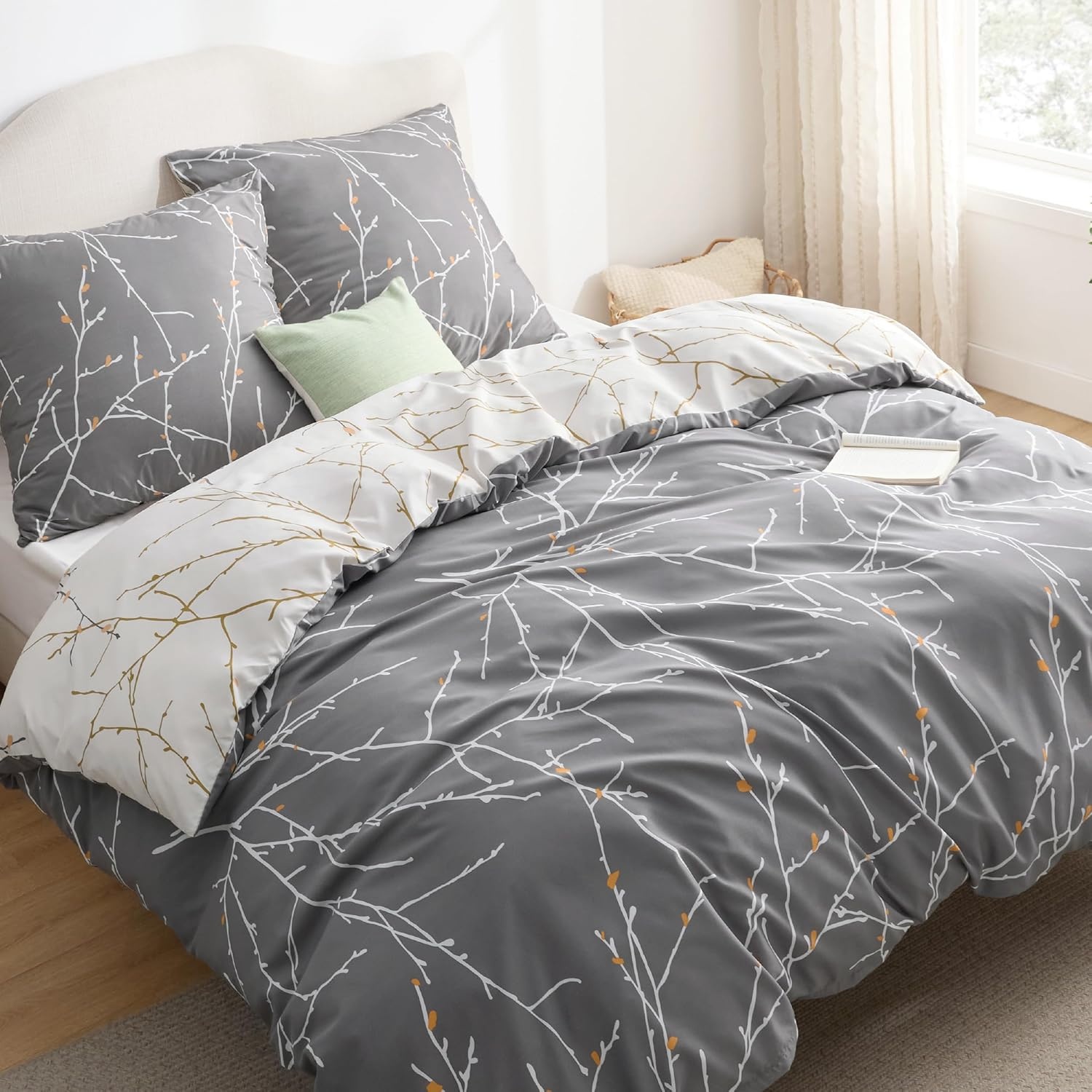 Bedsure Dekbedovertrek 155x220 cm Microvezel 3-Delige Set met Kussensloop 80x80 cm, Takken Grijs, Ritssluiting