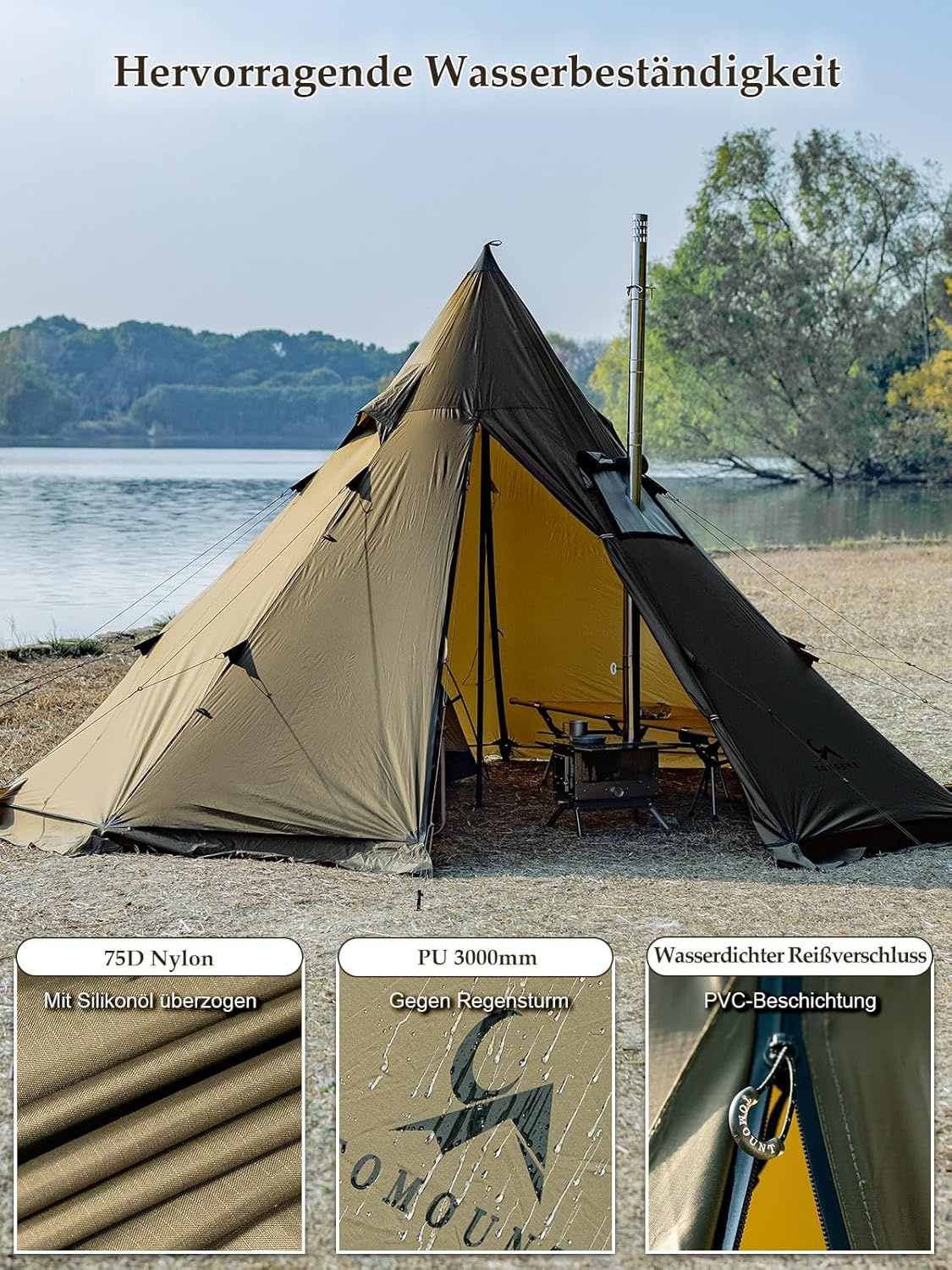 TOMOUNT Tipi, nylon indianentent, hoge noktent voor 6 personen, piramidetent met ovengat voor tentkachel 4 jaar, campingtent voor outdoor, kamperen, wandelen, trekking