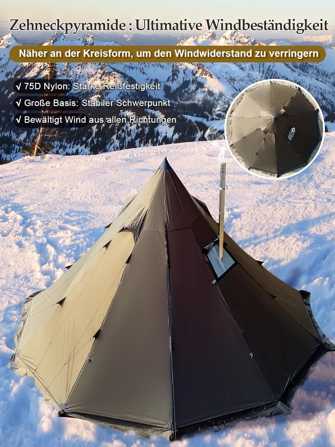 TOMOUNT Tipi, nylon indianentent, hoge noktent voor 6 personen, piramidetent met ovengat voor tentkachel 4 jaar, campingtent voor outdoor, kamperen, wandelen, trekking