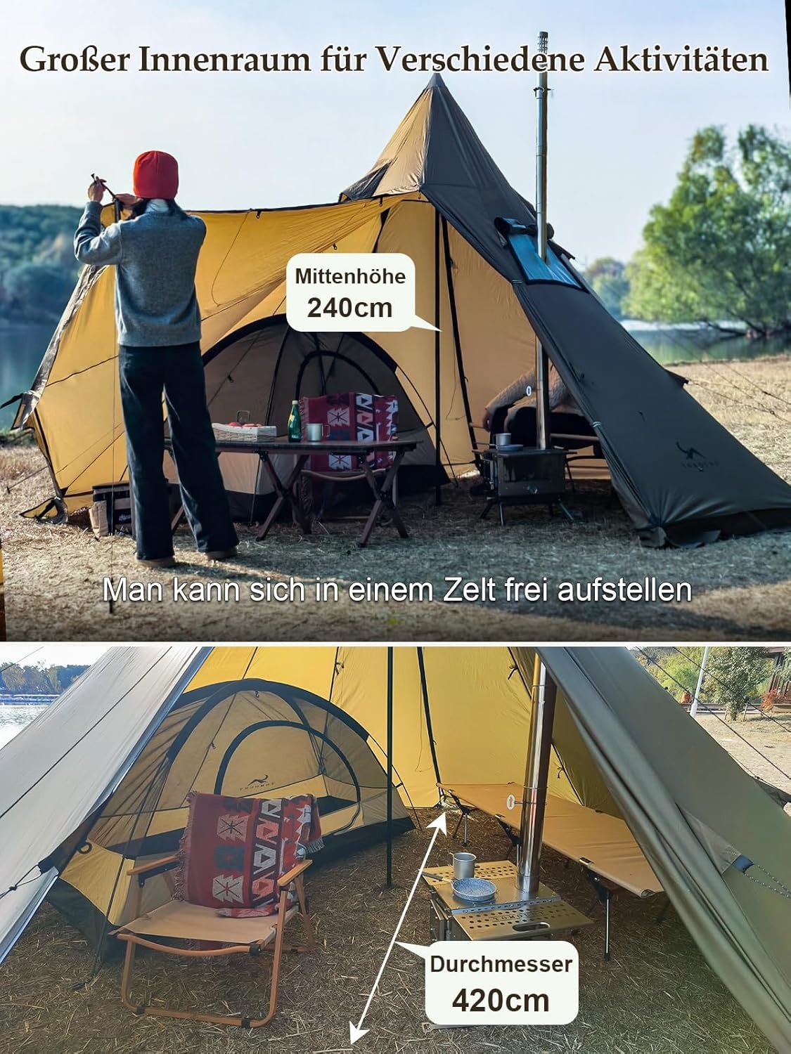TOMOUNT Tipi, nylon indianentent, hoge noktent voor 6 personen, piramidetent met ovengat voor tentkachel 4 jaar, campingtent voor outdoor, kamperen, wandelen, trekking