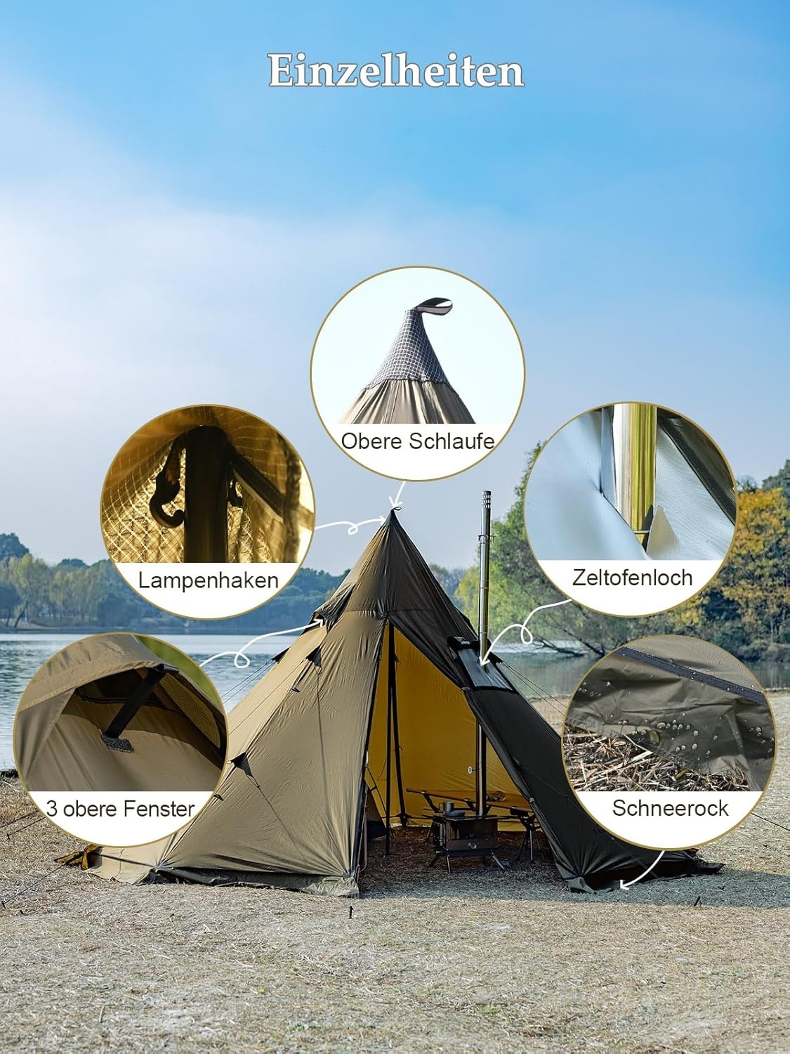 TOMOUNT Tipi, nylon indianentent, hoge noktent voor 6 personen, piramidetent met ovengat voor tentkachel 4 jaar, campingtent voor outdoor, kamperen, wandelen, trekking