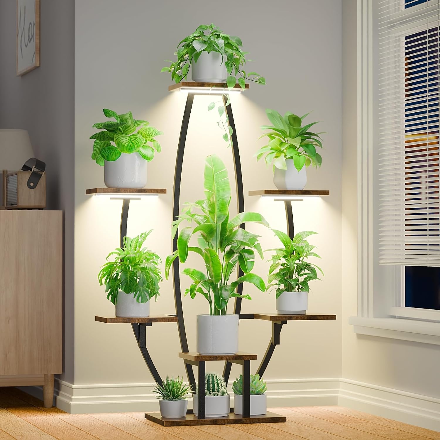 Plantenstandaard voor binnen met kweeklampen - 7 gelaagde grote plantenplank voor binnen, 47 inch hoekplantenstandaards voor kamerplanten, meervoudig, matel-plantenrek, bloemenhouder, staande display