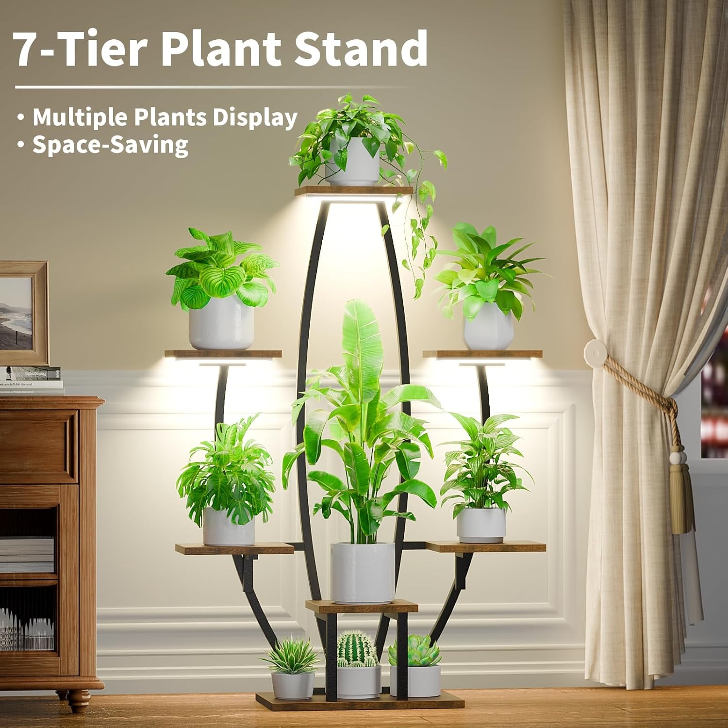 Plantenstandaard voor binnen met kweeklampen - 7 gelaagde grote plantenplank voor binnen, 47 inch hoekplantenstandaards voor kamerplanten, meervoudig, matel-plantenrek, bloemenhouder, staande display