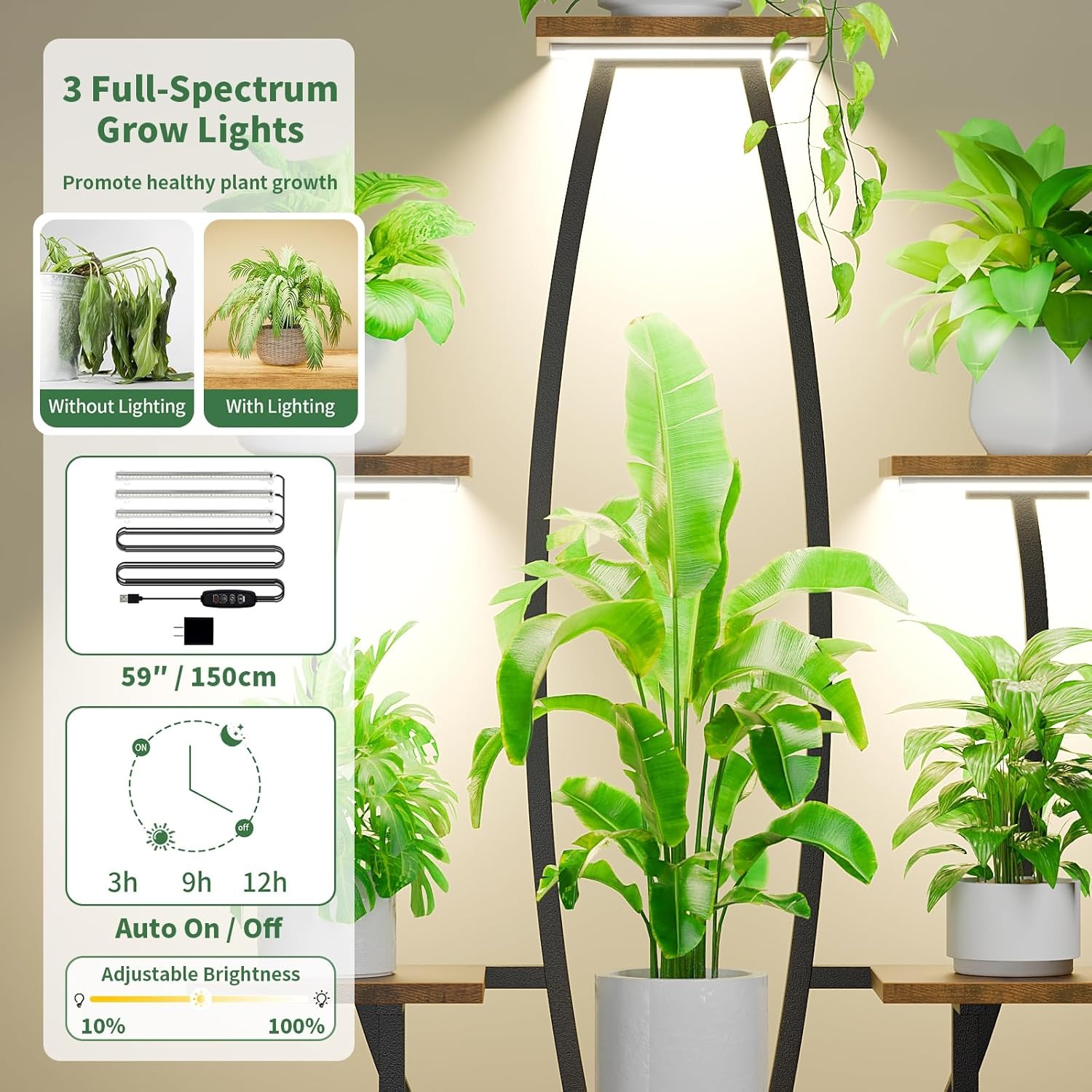 Plantenstandaard voor binnen met kweeklampen - 7 gelaagde grote plantenplank voor binnen, 47 inch hoekplantenstandaards voor kamerplanten, meervoudig, matel-plantenrek, bloemenhouder, staande display