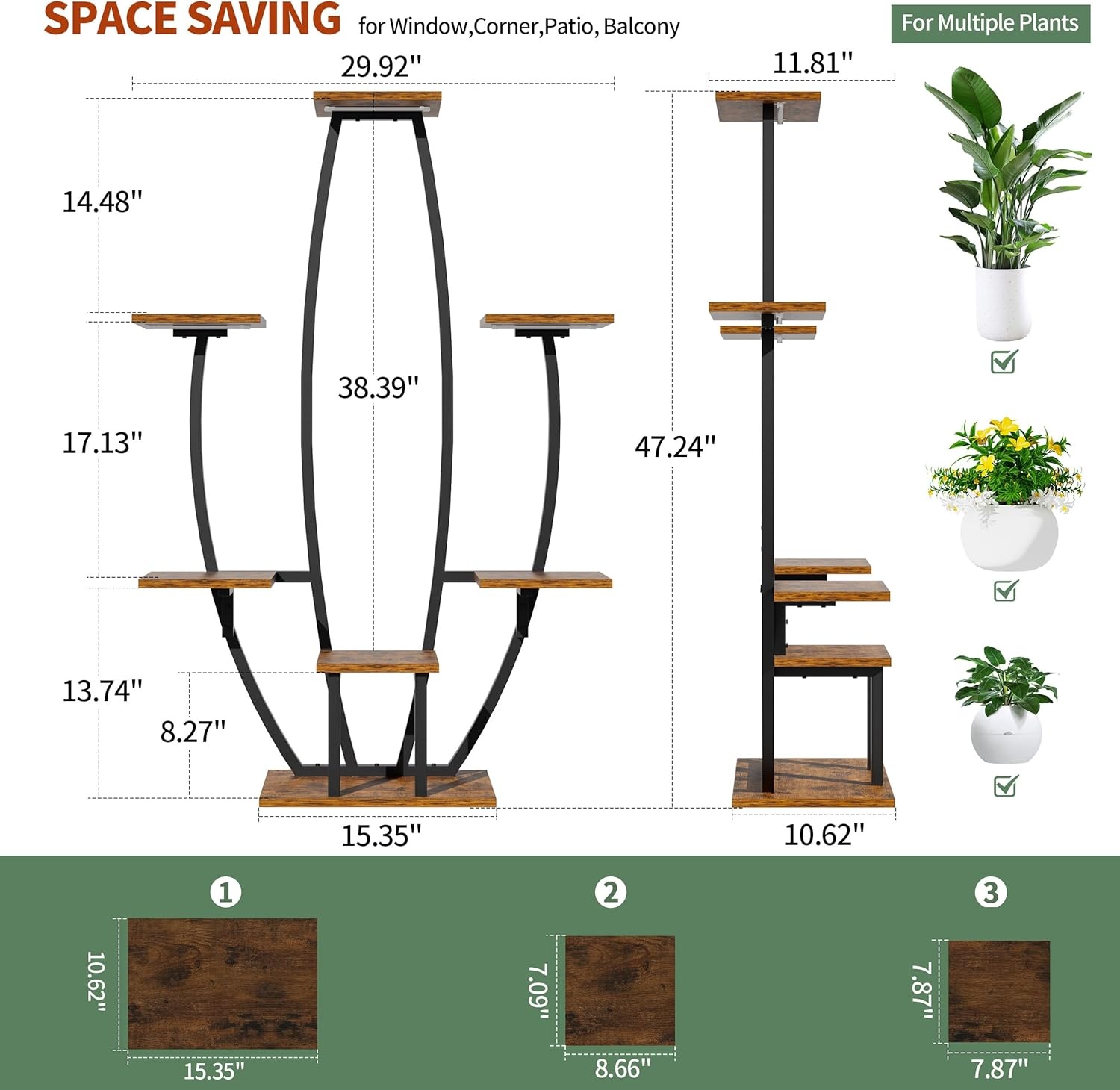 Plantenstandaard voor binnen met kweeklampen - 7 gelaagde grote plantenplank voor binnen, 47 inch hoekplantenstandaards voor kamerplanten, meervoudig, matel-plantenrek, bloemenhouder, staande display