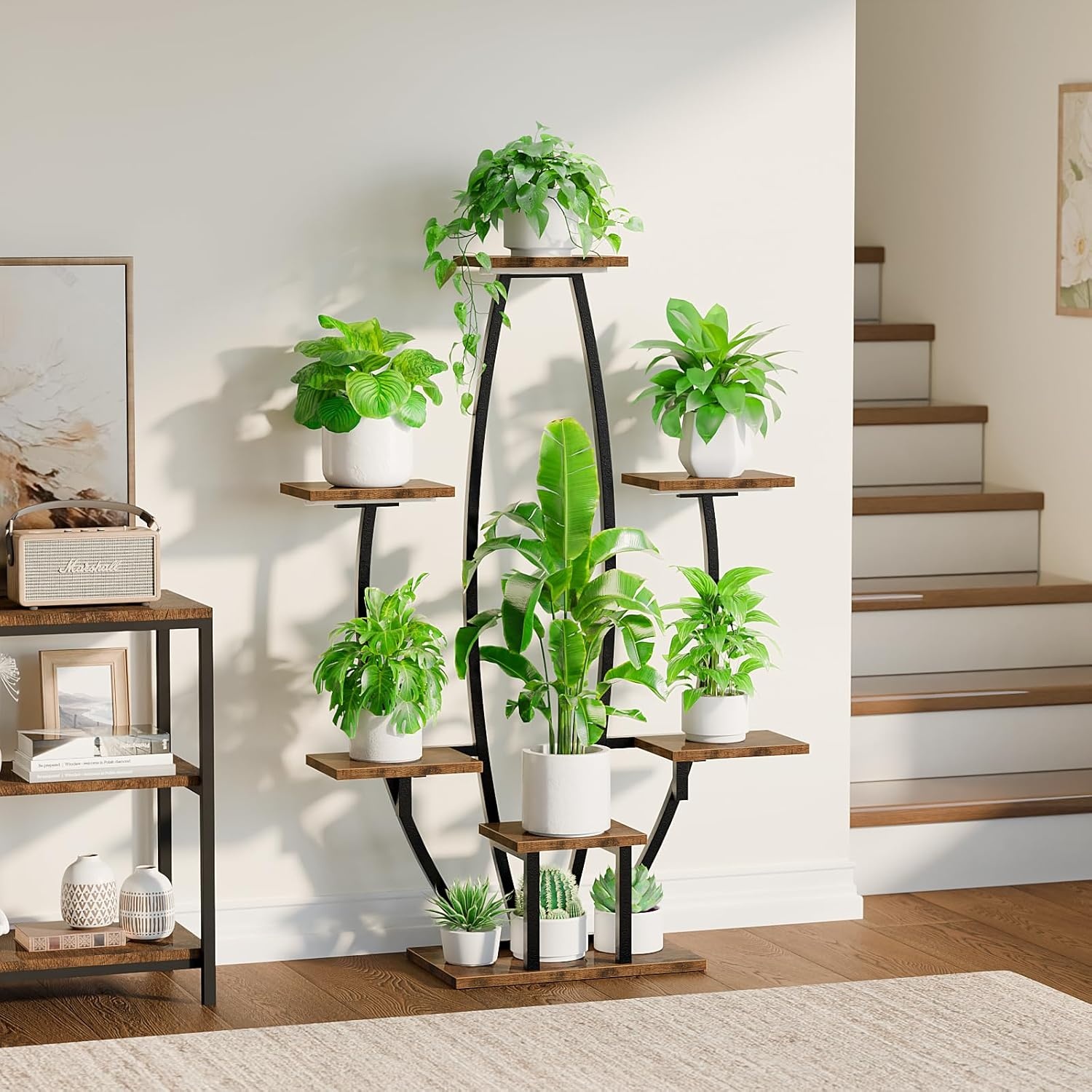 Plantenstandaard voor binnen met kweeklampen - 7 gelaagde grote plantenplank voor binnen, 47 inch hoekplantenstandaards voor kamerplanten, meervoudig, matel-plantenrek, bloemenhouder, staande display