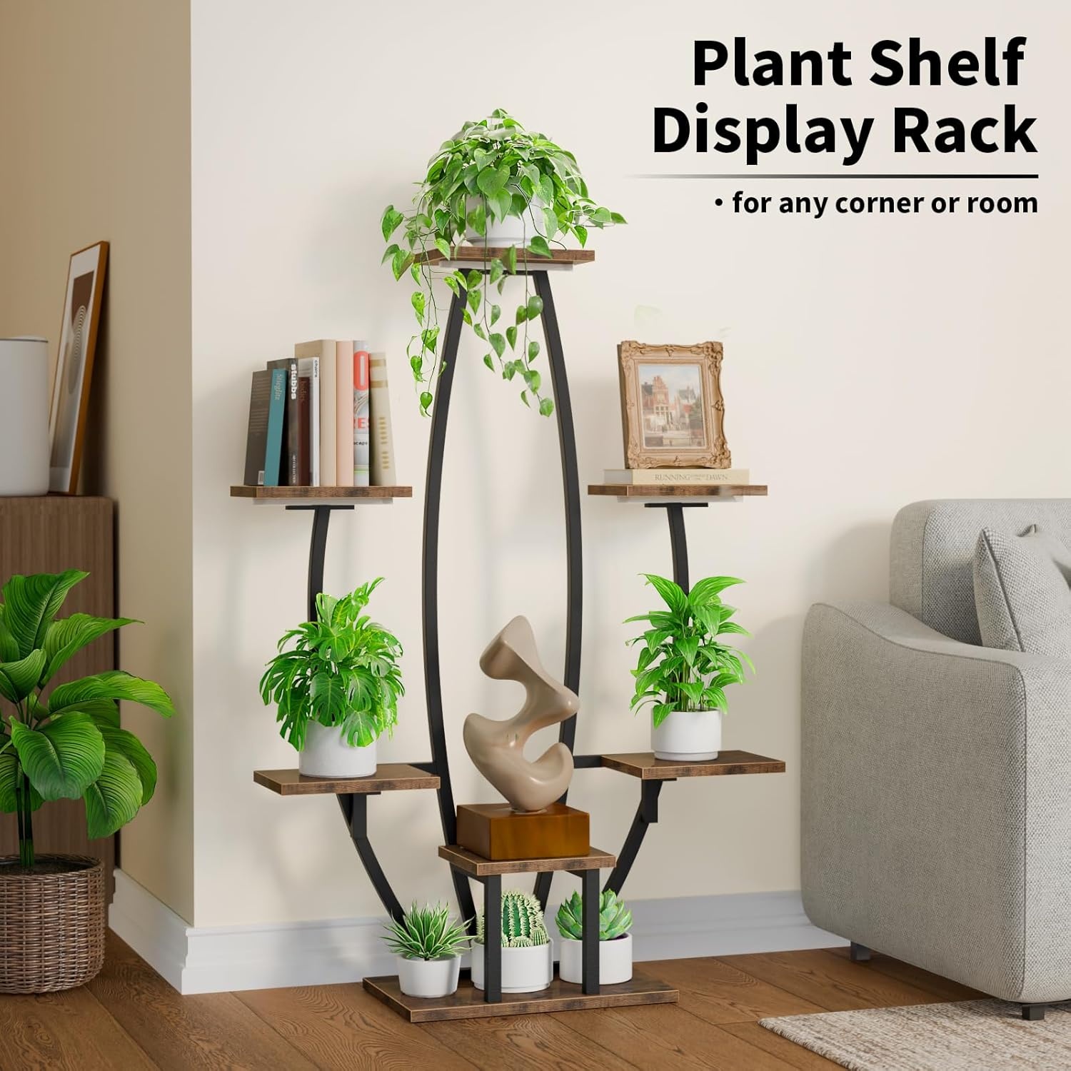 Plantenstandaard voor binnen met kweeklampen - 7 gelaagde grote plantenplank voor binnen, 47 inch hoekplantenstandaards voor kamerplanten, meervoudig, matel-plantenrek, bloemenhouder, staande display