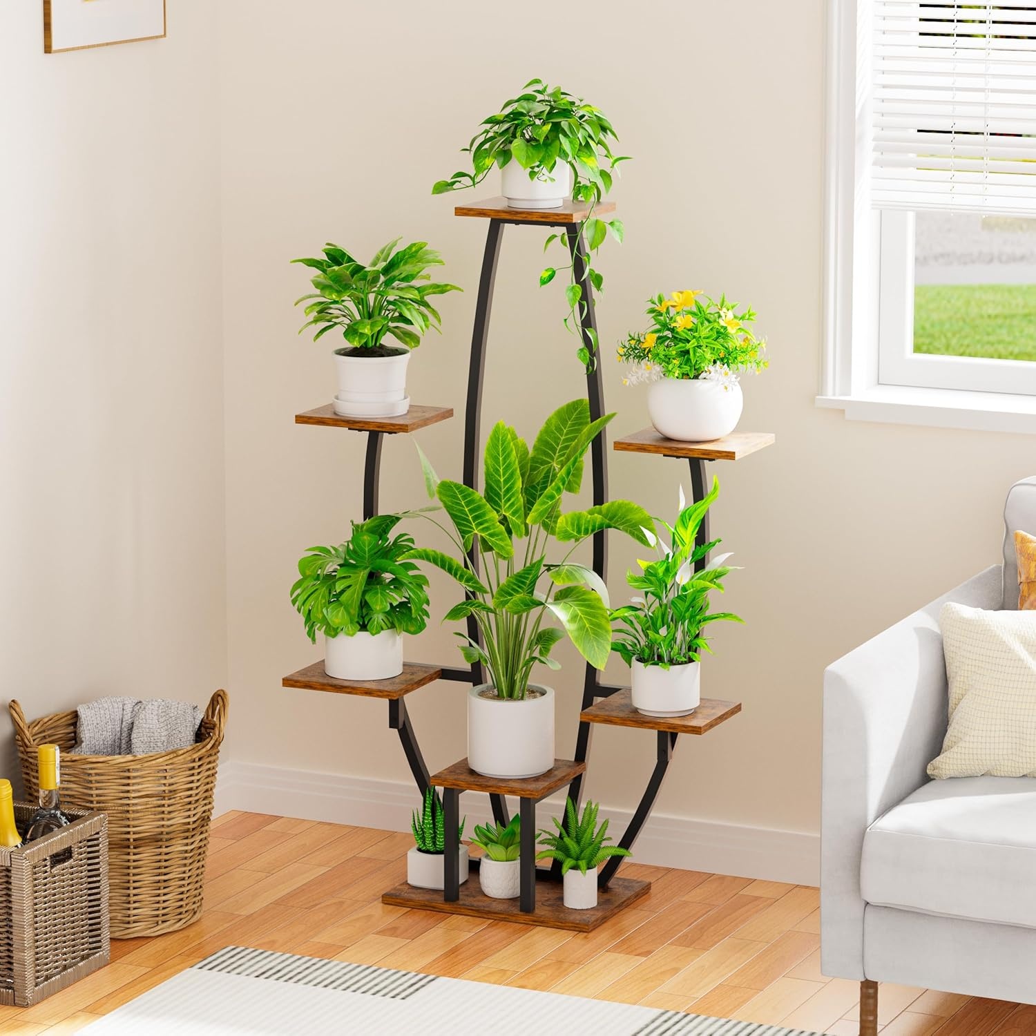 Plantenstandaard voor binnen met kweeklampen - 7 gelaagde grote plantenplank voor binnen, 47 inch hoekplantenstandaards voor kamerplanten, meervoudig, matel-plantenrek, bloemenhouder, staande display