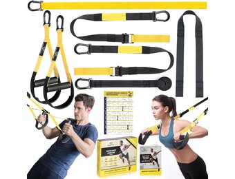 Slingtrainer, slingtrainer voor een full-body training, slingtrainer voor thuis met grote handgreep, deurankerbevestiging, draagtas, oefenhandleiding voor thuis