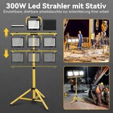Viugreum Bouwplaatsspot met telescoopstatief, 300 W, 24.000 lm, draagbare led-schijnwerper, wit licht 6500 K, bouwplaatsspot met 3 m kabel, 360 graden draaibaar, IP66 waterdicht, werklamp
