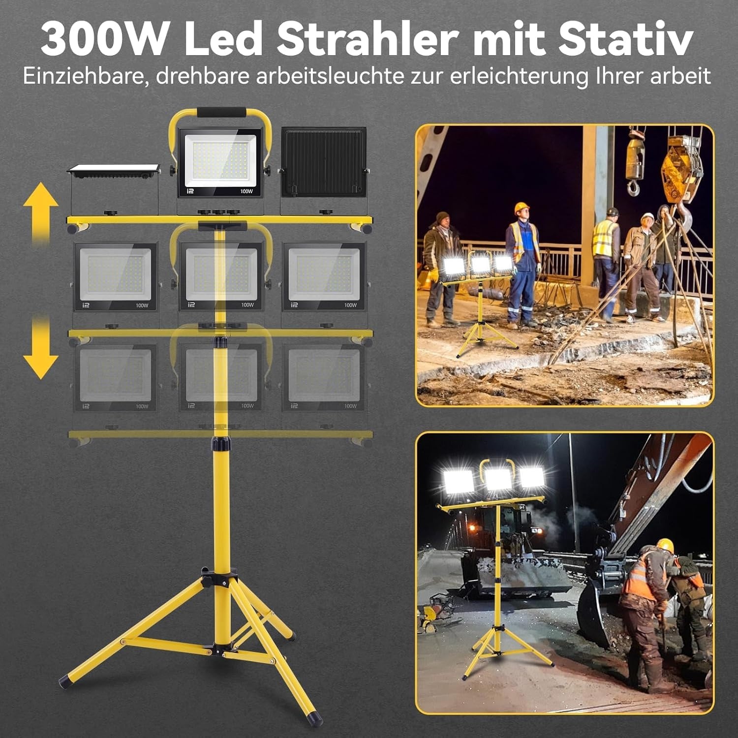 Viugreum Bouwplaatsspot met telescoopstatief, 300 W, 24.000 lm, draagbare led-schijnwerper, wit licht 6500 K, bouwplaatsspot met 3 m kabel, 360 graden draaibaar, IP66 waterdicht, werklamp