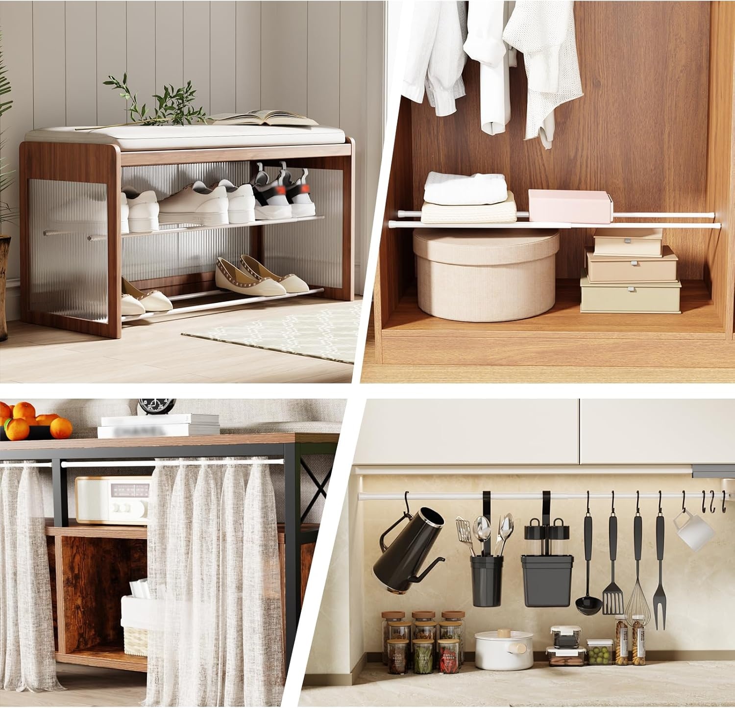 WELDUN Gordijnstang, 2 stuks, 3-in-1 zonder boren, spanstang, veerstang, 13 mm, voor ramen, kledingkast, boekenkast, 42-75 mm