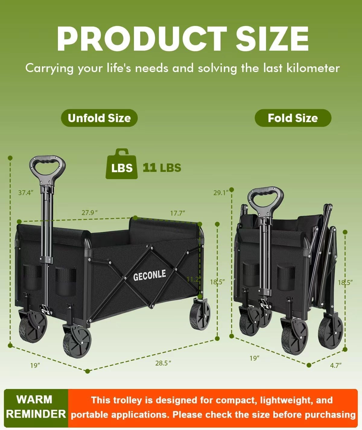GECONLE Opvouwbare Transportkar met Wielen, 100L, Zwart