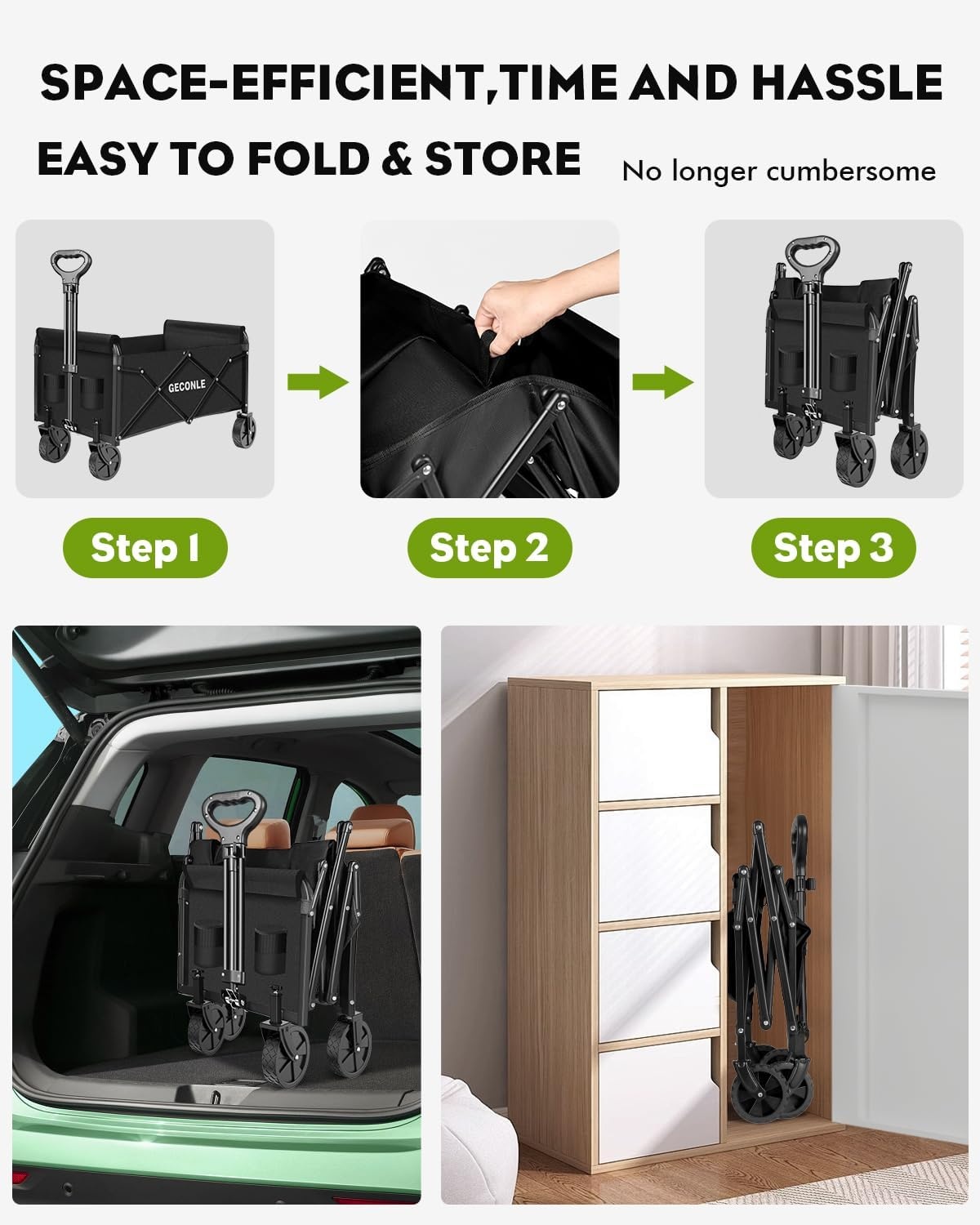 GECONLE Opvouwbare Transportkar met Wielen, 100L, Zwart