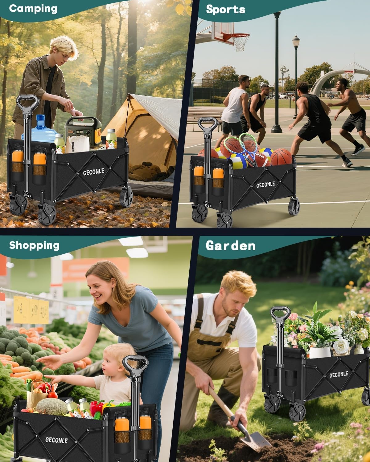 GECONLE Opvouwbare Transportkar met Wielen, 100L, Zwart