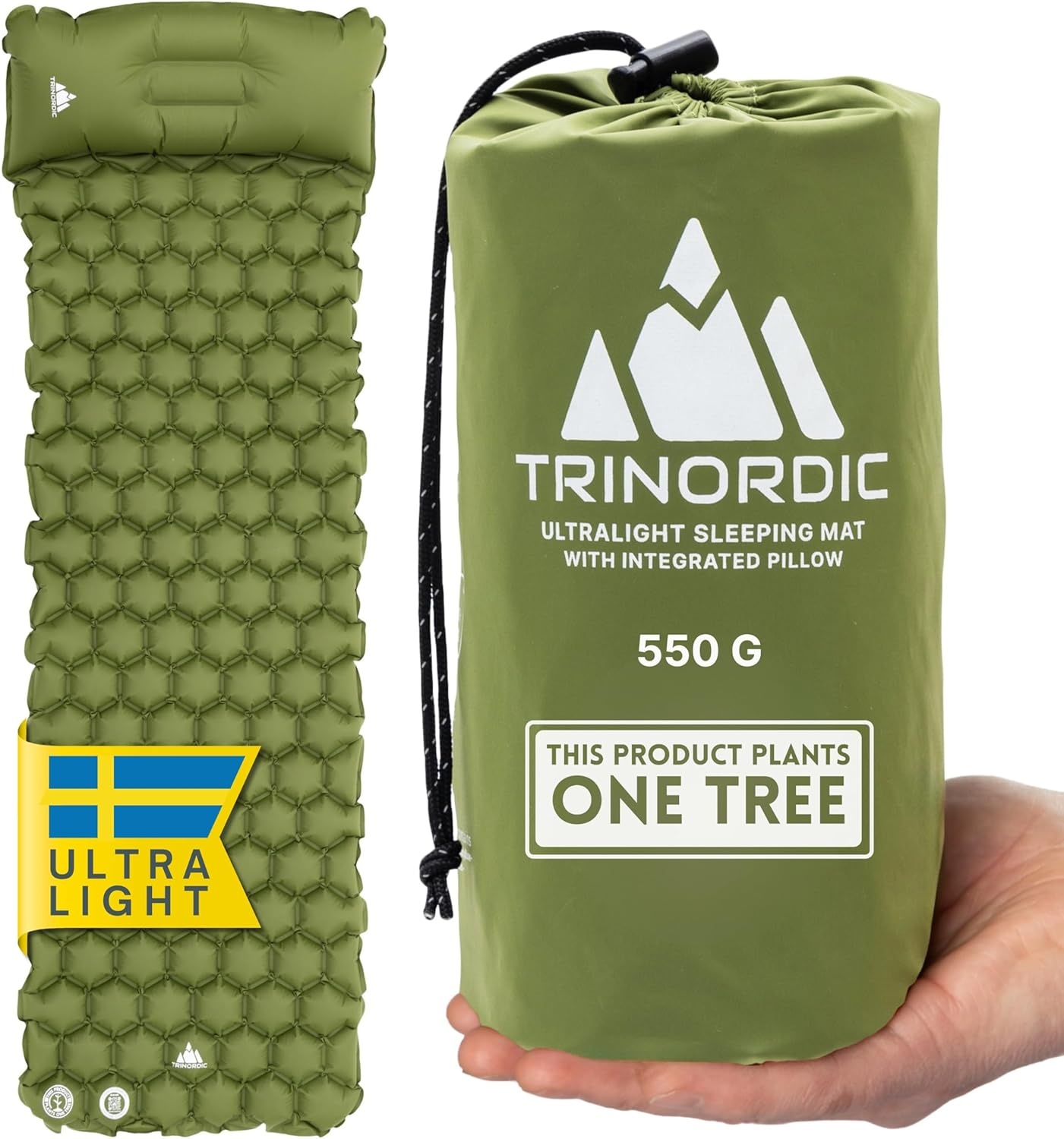 TRINORDIC Ultralichte Opblaasbare Camping Mat met Kussen - Enkele Luchtmatras voor Ruimtebesparend Comfort - Duurzame, Lichtgewicht Campinguitrusting voor Outdoor Avonturen - Bosgroen