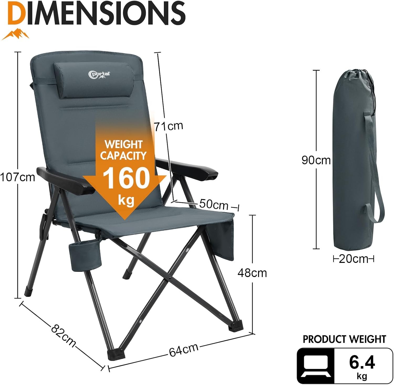 Portal Campingstoel, opvouwbaar, in 3 standen verstelbaar, 160 kg belastbaar, hoge rugleuning, camping, visstoel, tuinstoel, ligstoel van aluminium, voor tuin, balkon, picknick