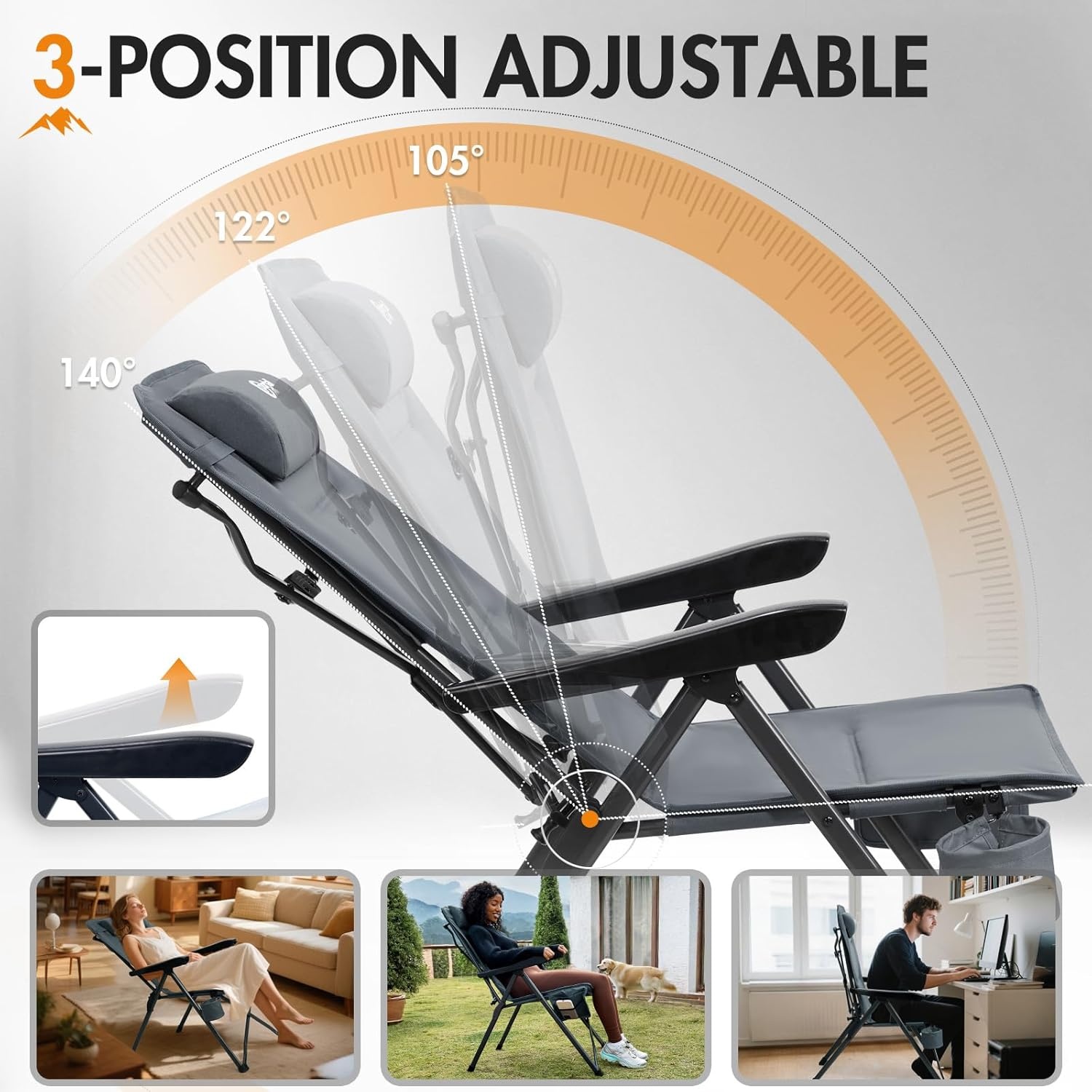 Portal Campingstoel, opvouwbaar, in 3 standen verstelbaar, 160 kg belastbaar, hoge rugleuning, camping, visstoel, tuinstoel, ligstoel van aluminium, voor tuin, balkon, picknick