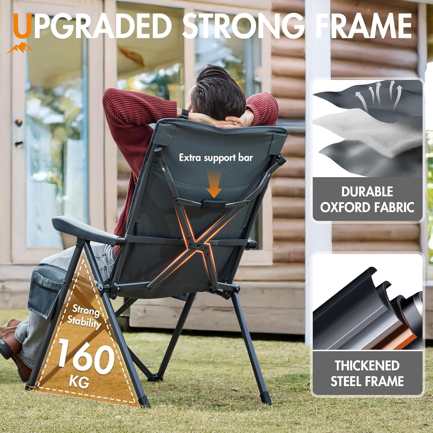 Portal Campingstoel, opvouwbaar, in 3 standen verstelbaar, 160 kg belastbaar, hoge rugleuning, camping, visstoel, tuinstoel, ligstoel van aluminium, voor tuin, balkon, picknick