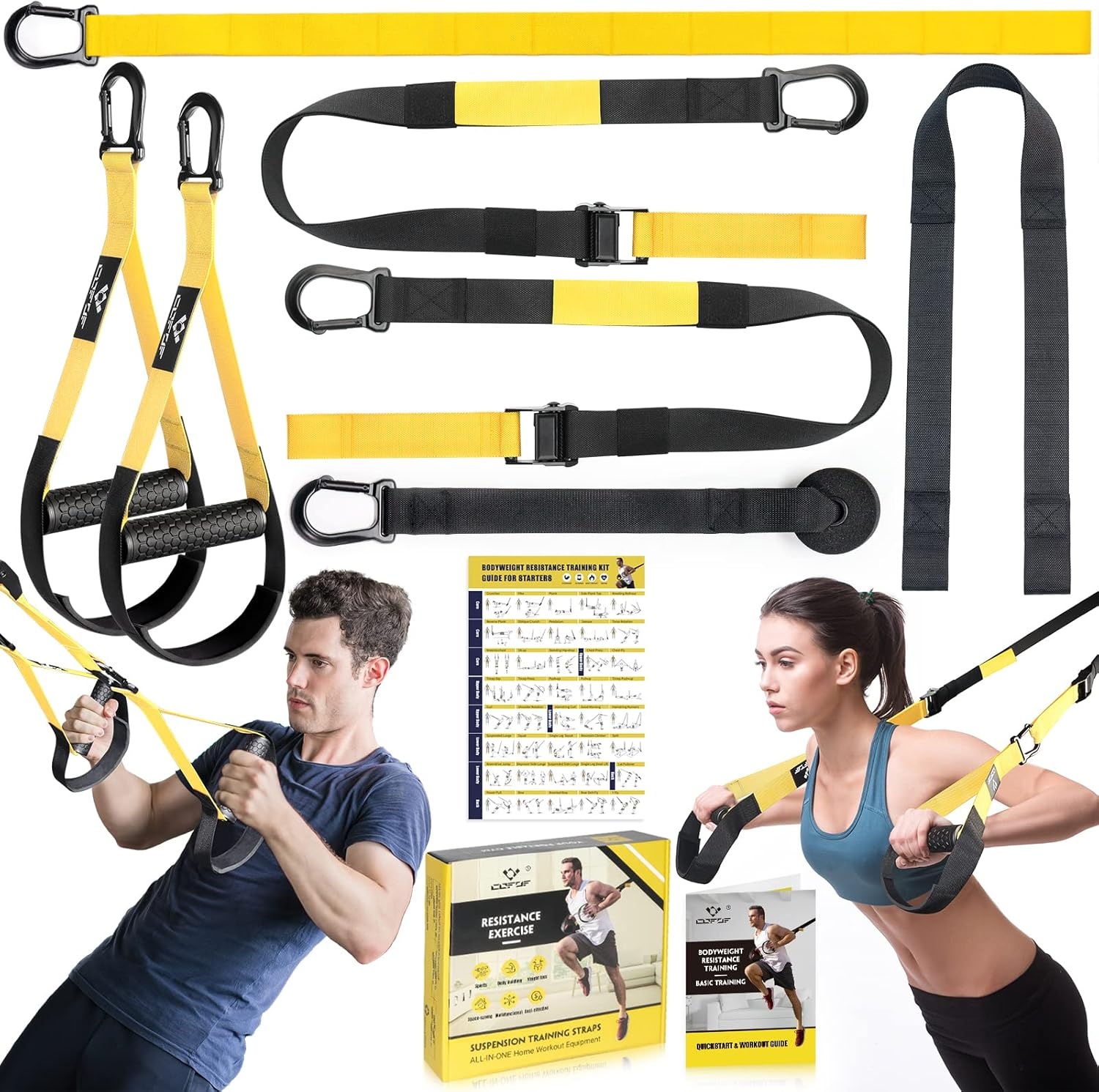 Slingtrainer, slingtrainer voor een full-body training, slingtrainer voor thuis met grote handgreep, deurankerbevestiging, draagtas, oefenhandleiding voor thuis