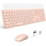 Draadloos toetsenbord en muis, volledig formaat, USB 2,4 GHz verbinding, retro ronde schrijfmachine, ultradun, stil, schattig computertoetsenbord voor Windows, Mac, tablet (roze) - Duits