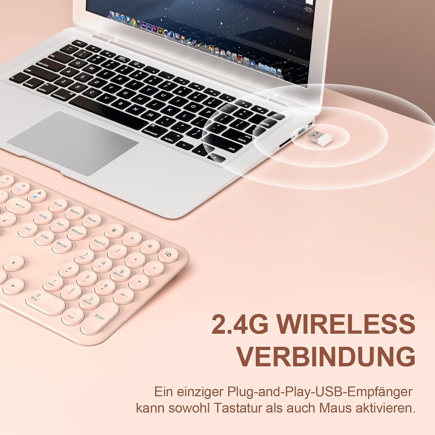 Draadloos toetsenbord en muis, volledig formaat, USB 2,4 GHz verbinding, retro ronde schrijfmachine, ultradun, stil, schattig computertoetsenbord voor Windows, Mac, tablet (roze) - Duits