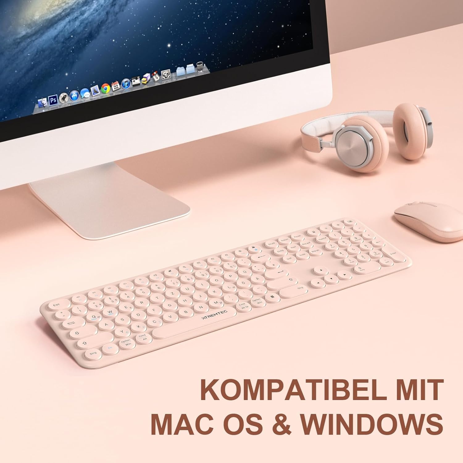 Draadloos toetsenbord en muis, volledig formaat, USB 2,4 GHz verbinding, retro ronde schrijfmachine, ultradun, stil, schattig computertoetsenbord voor Windows, Mac, tablet (roze) - Duits
