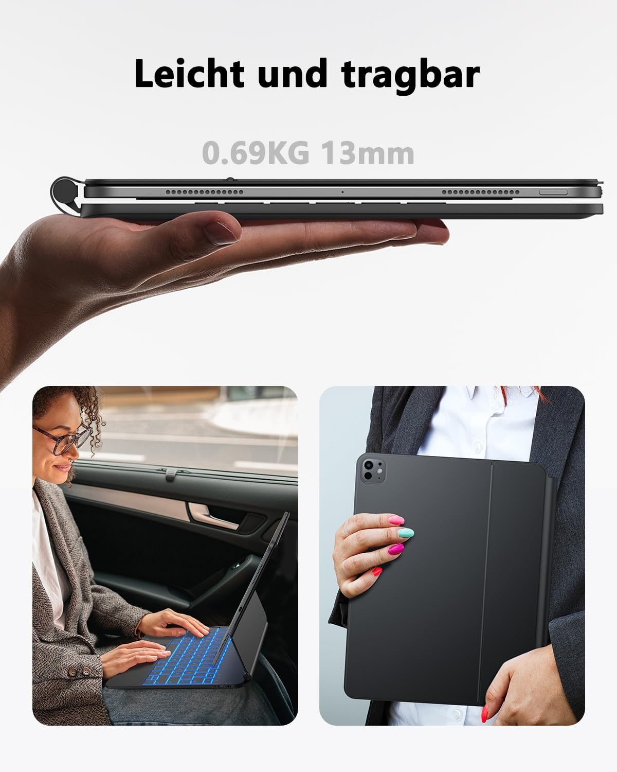 TECURS Toetsenbordhoes voor iPad Pro 13 inch 2024 (M4), Magic Keyboard voor iPad Pro 13 met trackpad, magnetisch zwevend design, licht, draagbaar, draadloos toetsenbord, QWERTZ, zwart