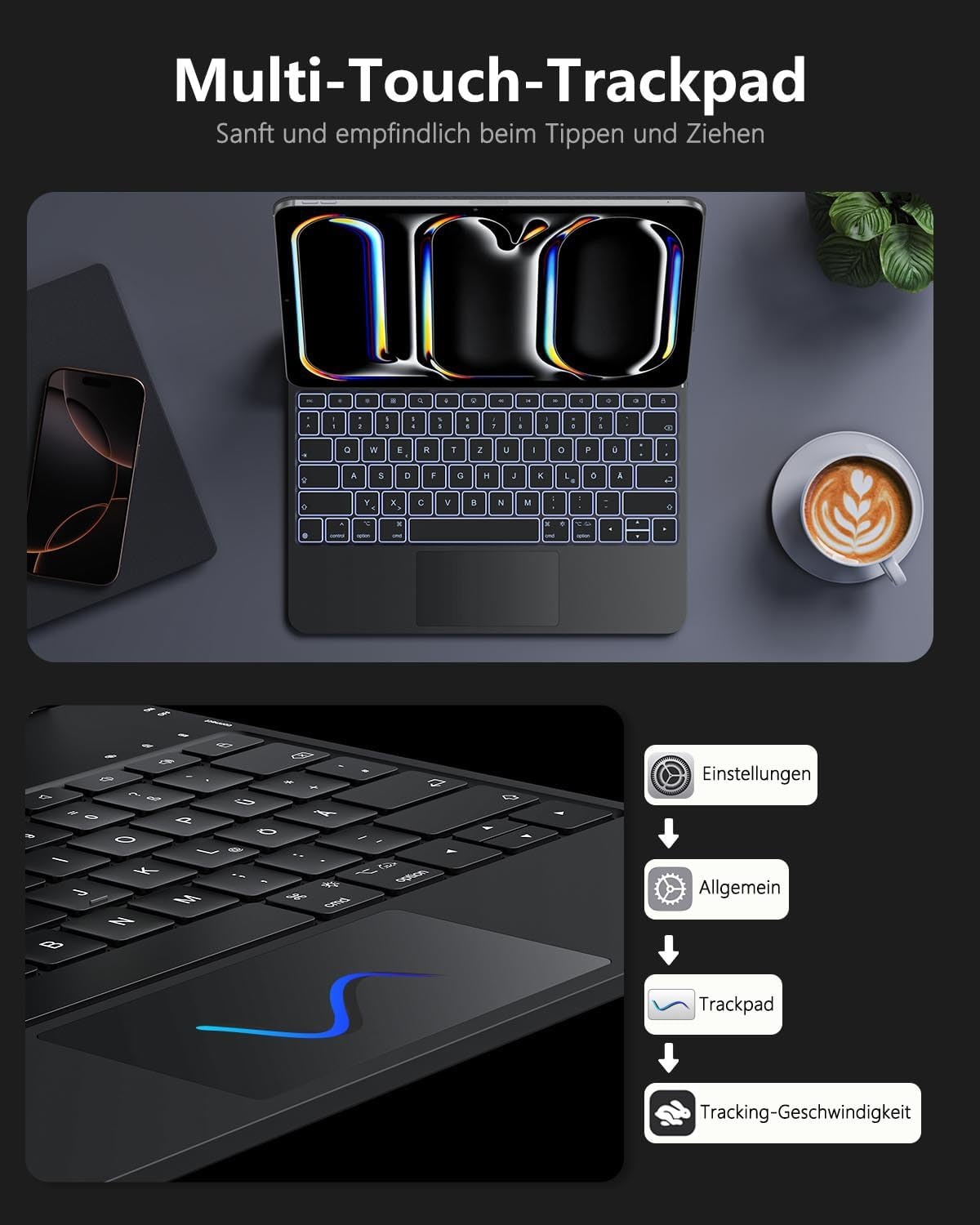 TECURS Toetsenbordhoes voor iPad Pro 13 inch 2024 (M4), Magic Keyboard voor iPad Pro 13 met trackpad, magnetisch zwevend design, licht, draagbaar, draadloos toetsenbord, QWERTZ, zwart