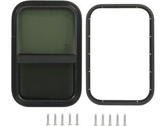 Camperraam, zwart, zijraam, 590 x 390 mm, caravanraam met scherm, getint gehard glas voor camper, aanhanger, camperraam