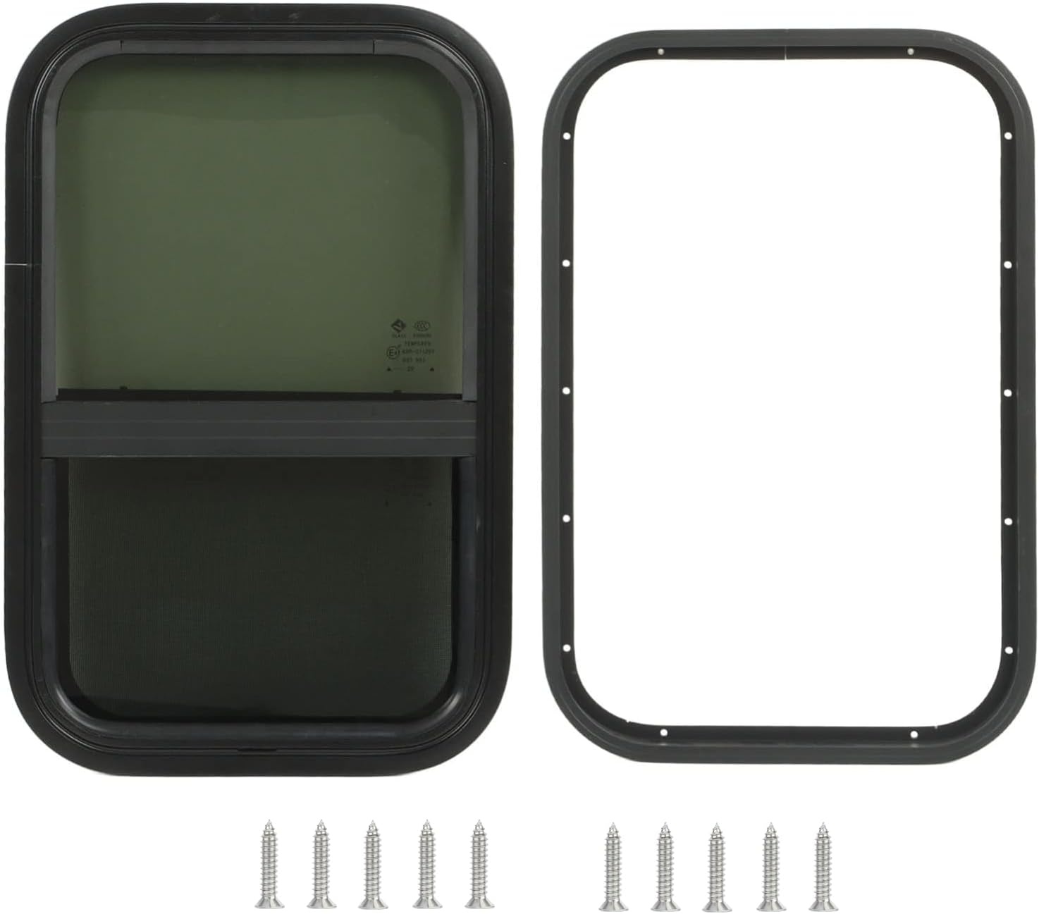 Camperraam, zwart, zijraam, 590 x 390 mm, caravanraam met scherm, getint gehard glas voor camper, aanhanger, camperraam
