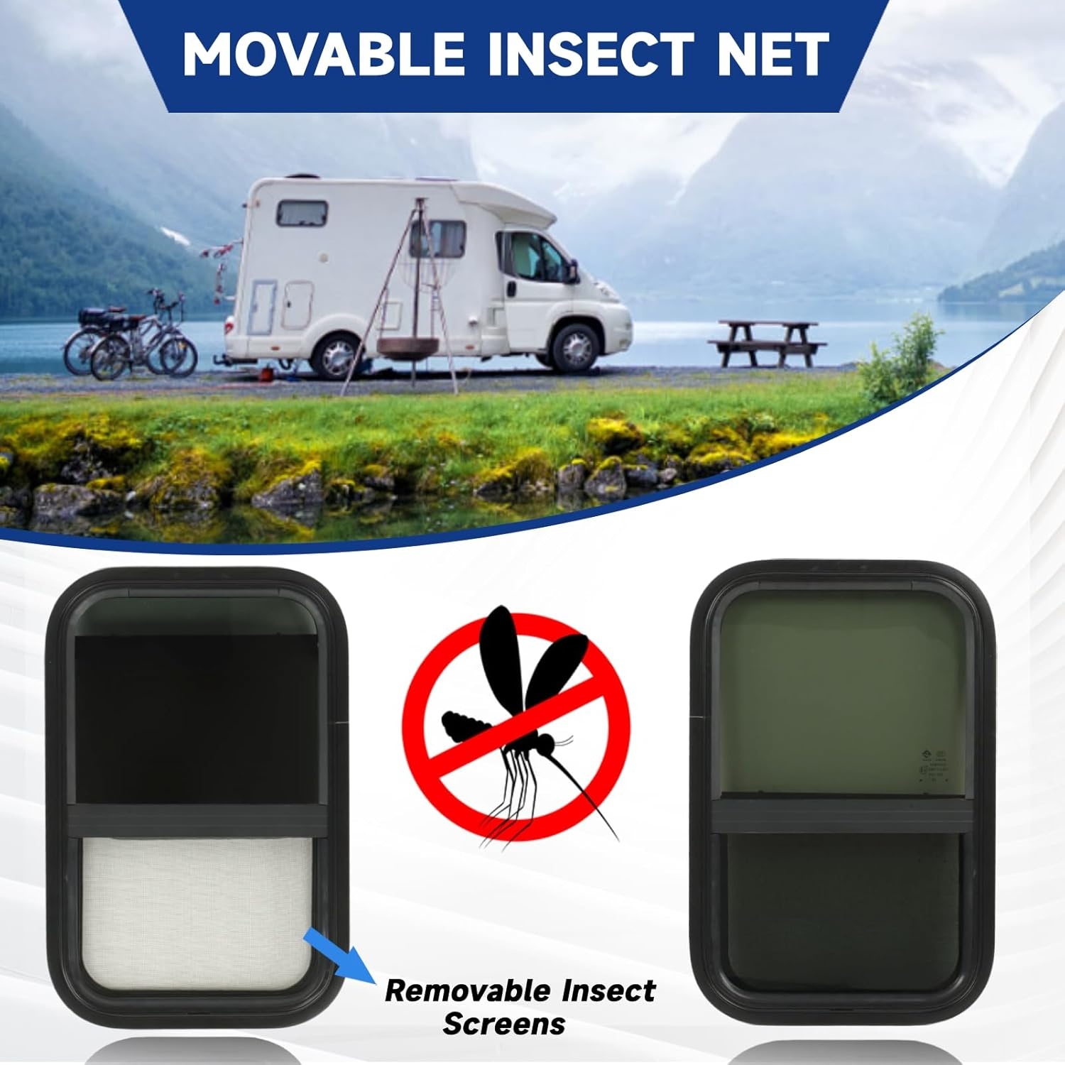Camperraam, zwart, zijraam, 590 x 390 mm, caravanraam met scherm, getint gehard glas voor camper, aanhanger, camperraam